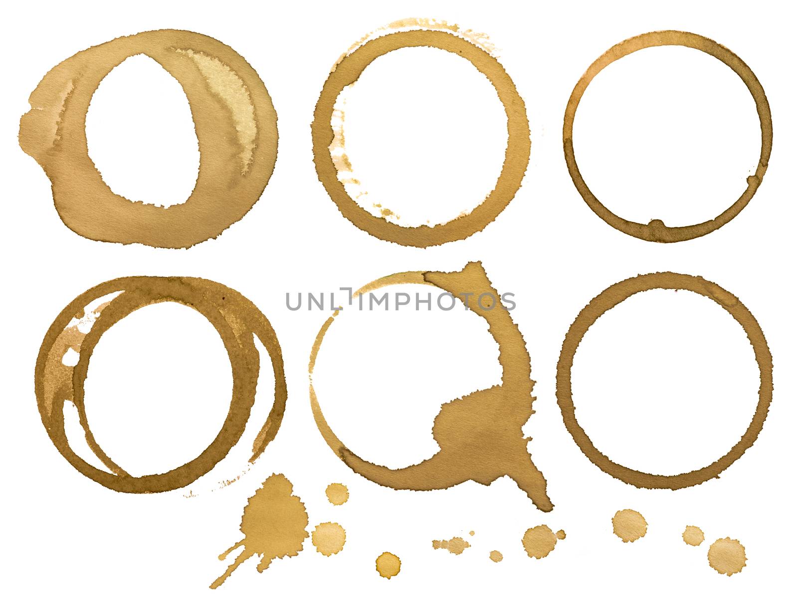 Photo of six coffee stains on white background.