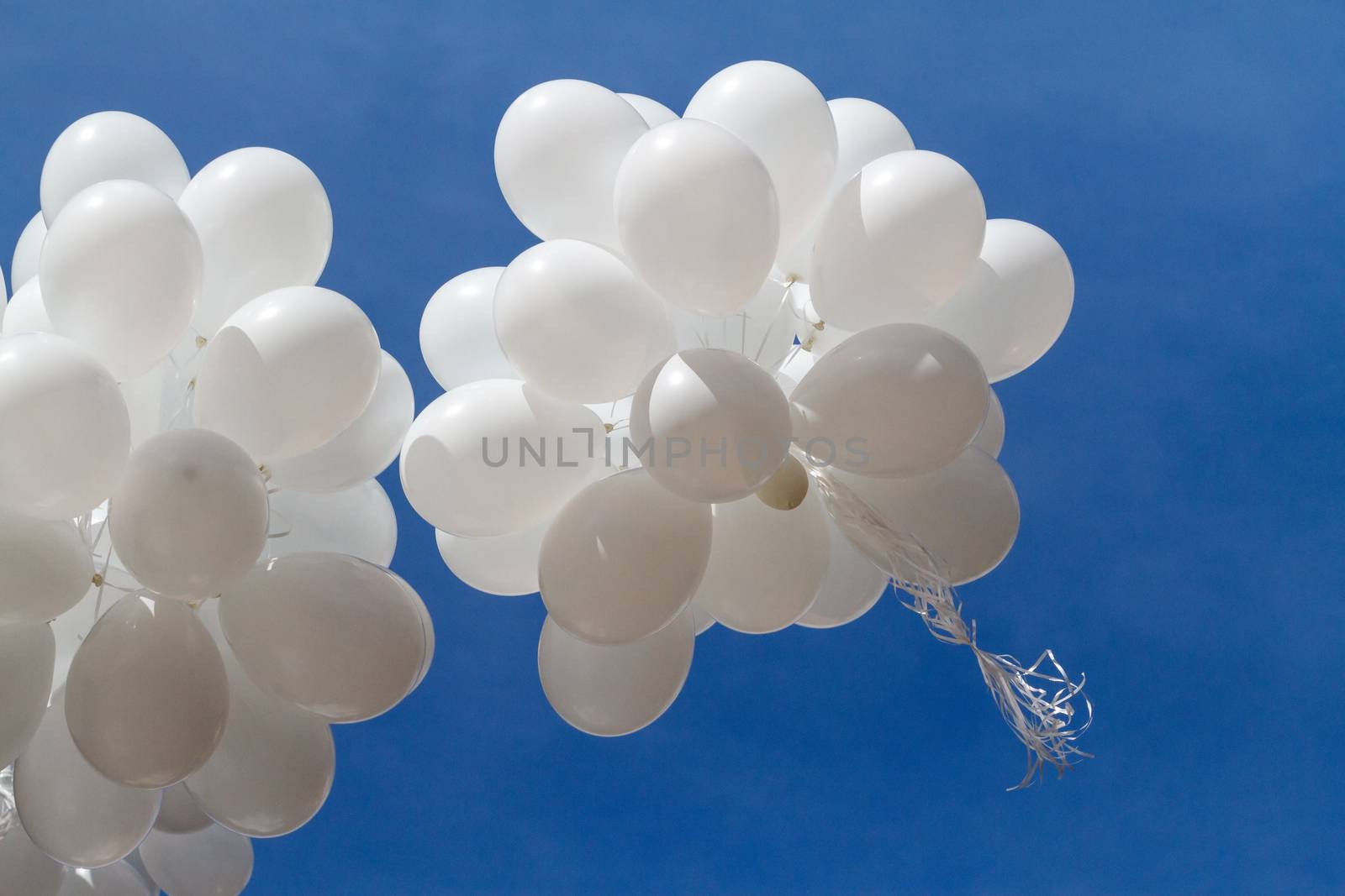 A bunch of white balloons soar into the blue sky with light clouds.