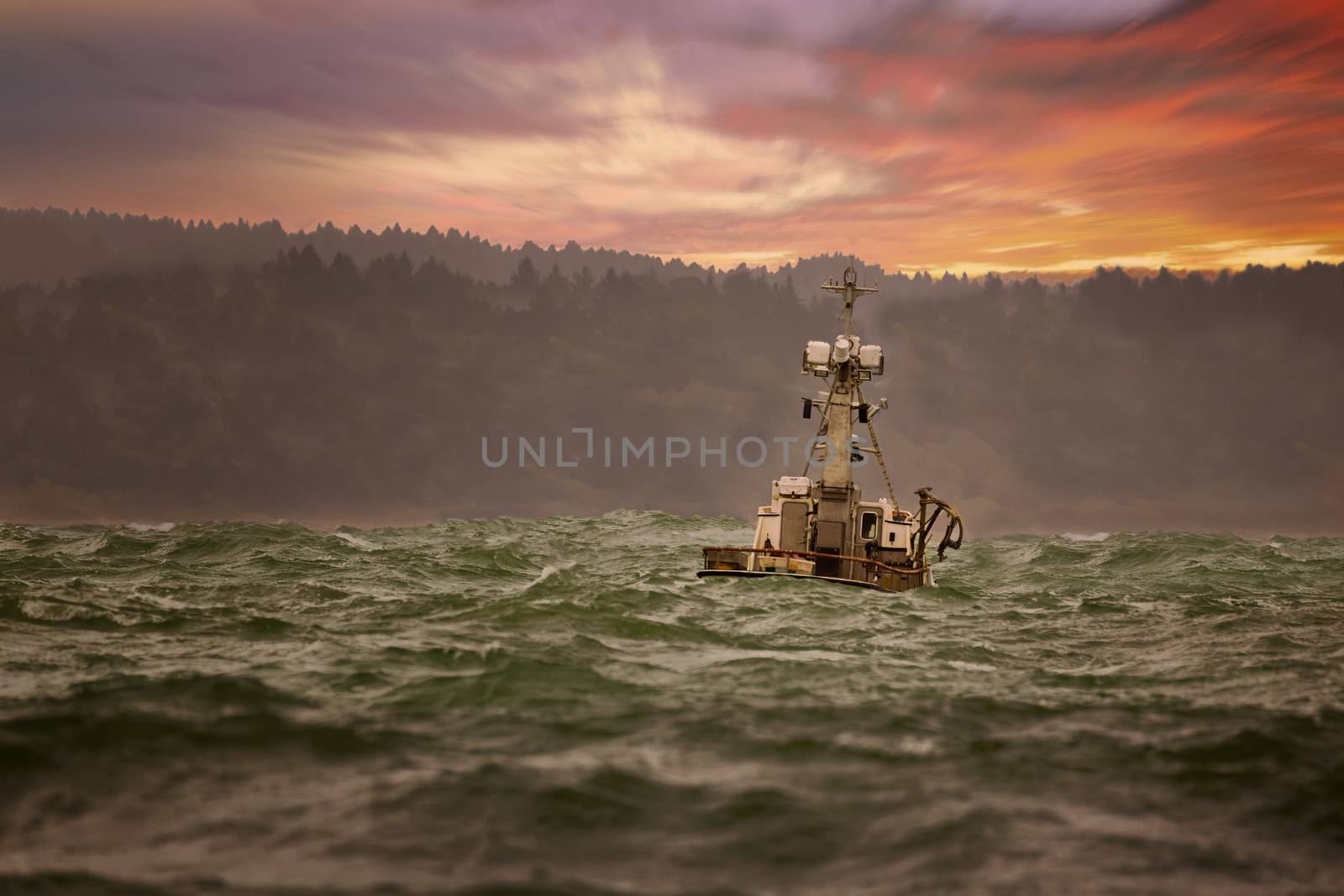 Fishing Boat Moored in a Storm at Sunrise, Color Image