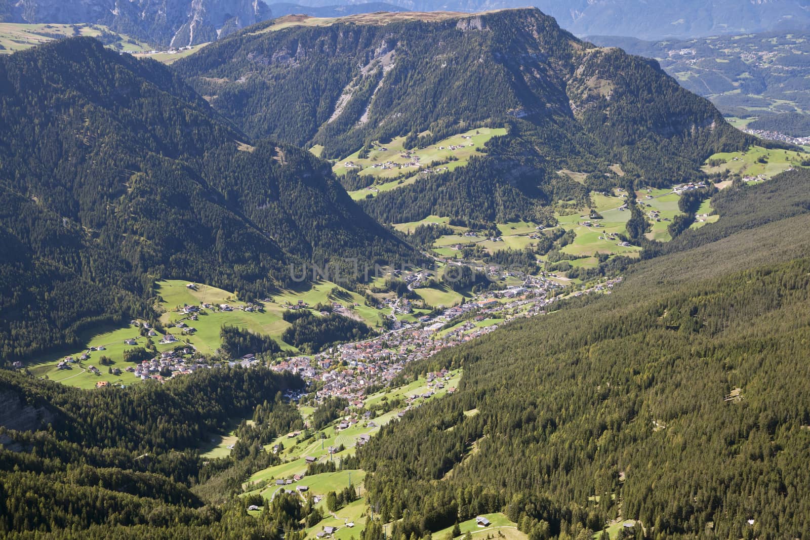 Val Gardena and Ortisei, Dolomites, Italy, view from a mountain