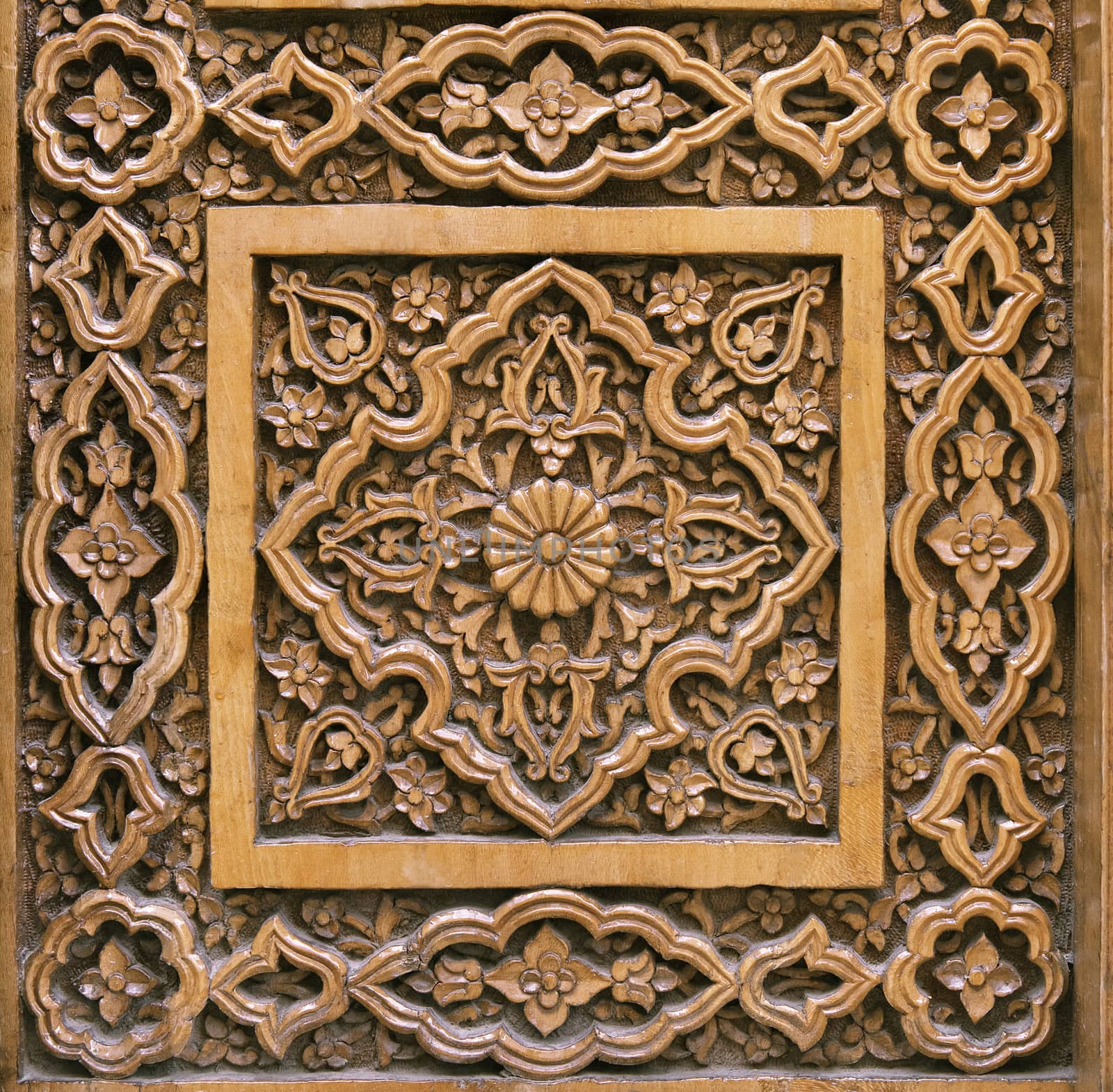 Close-up of a traditional carved wooden door, Uzbekistan