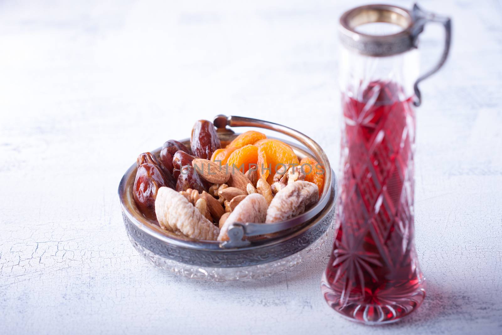 Mixture of dried fruits and nuts on a table