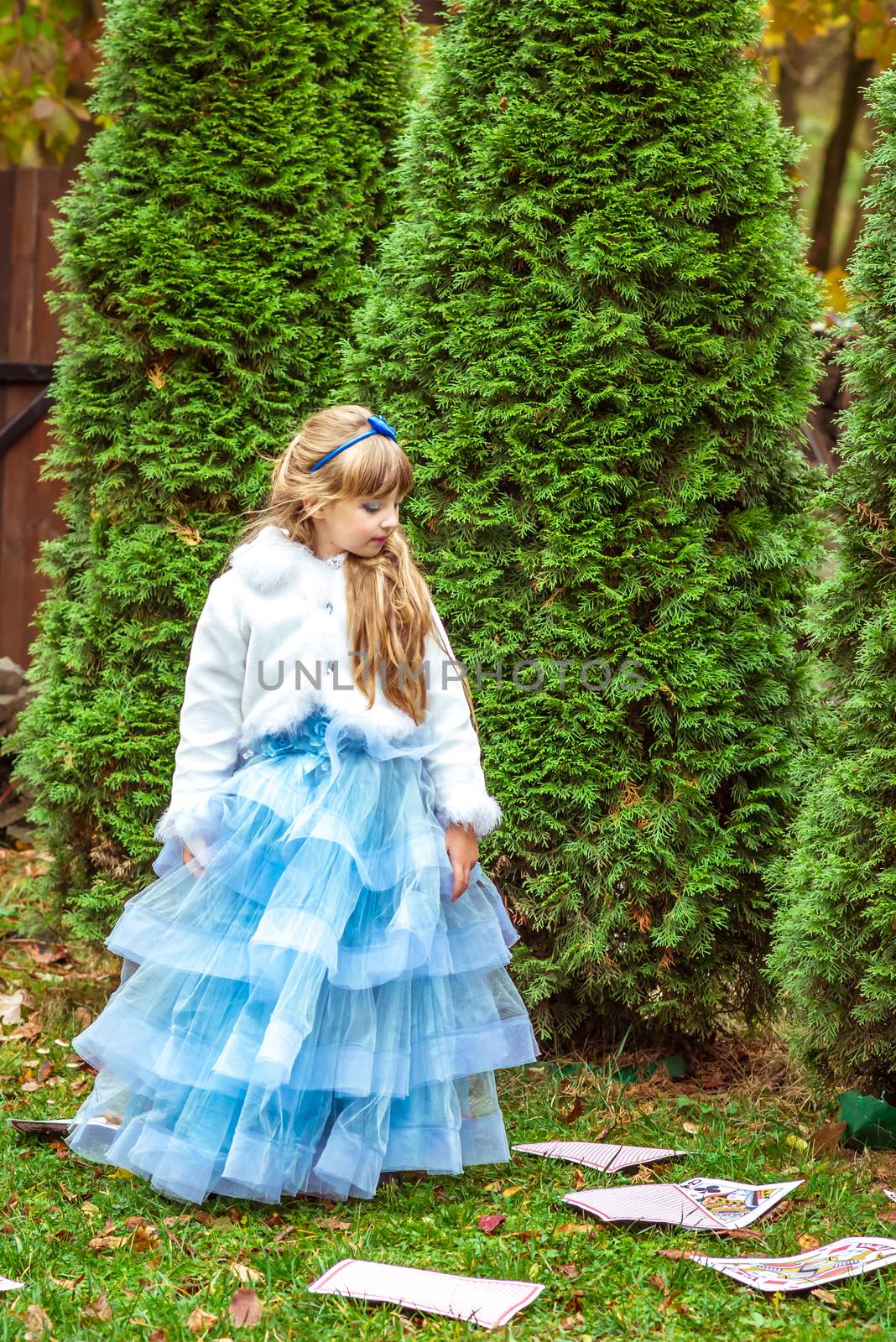 An little beautiful girl standing near the fir trees and looking down at the playing cards by okskukuruza