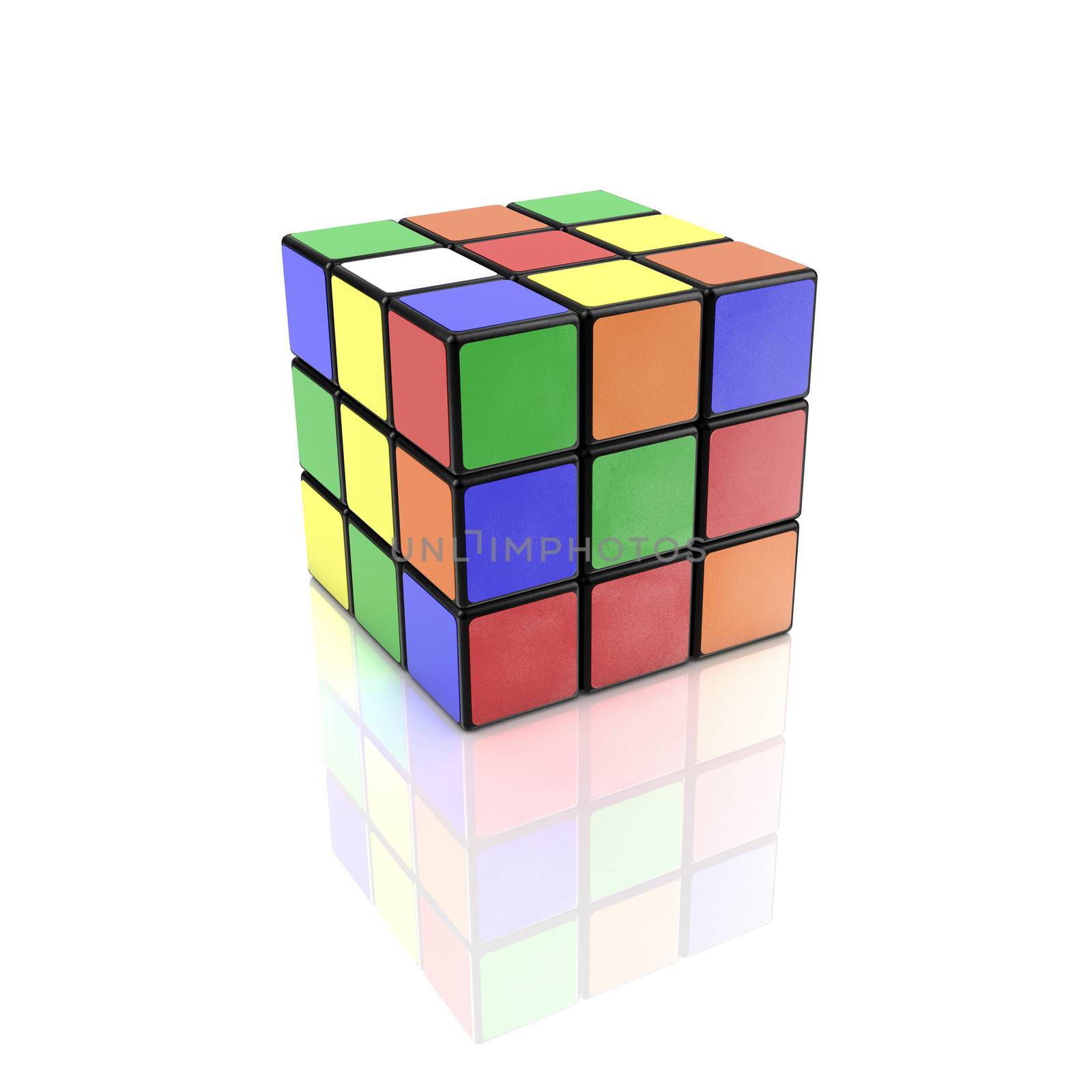 Famous Rubik's cube with mixed colors over white background