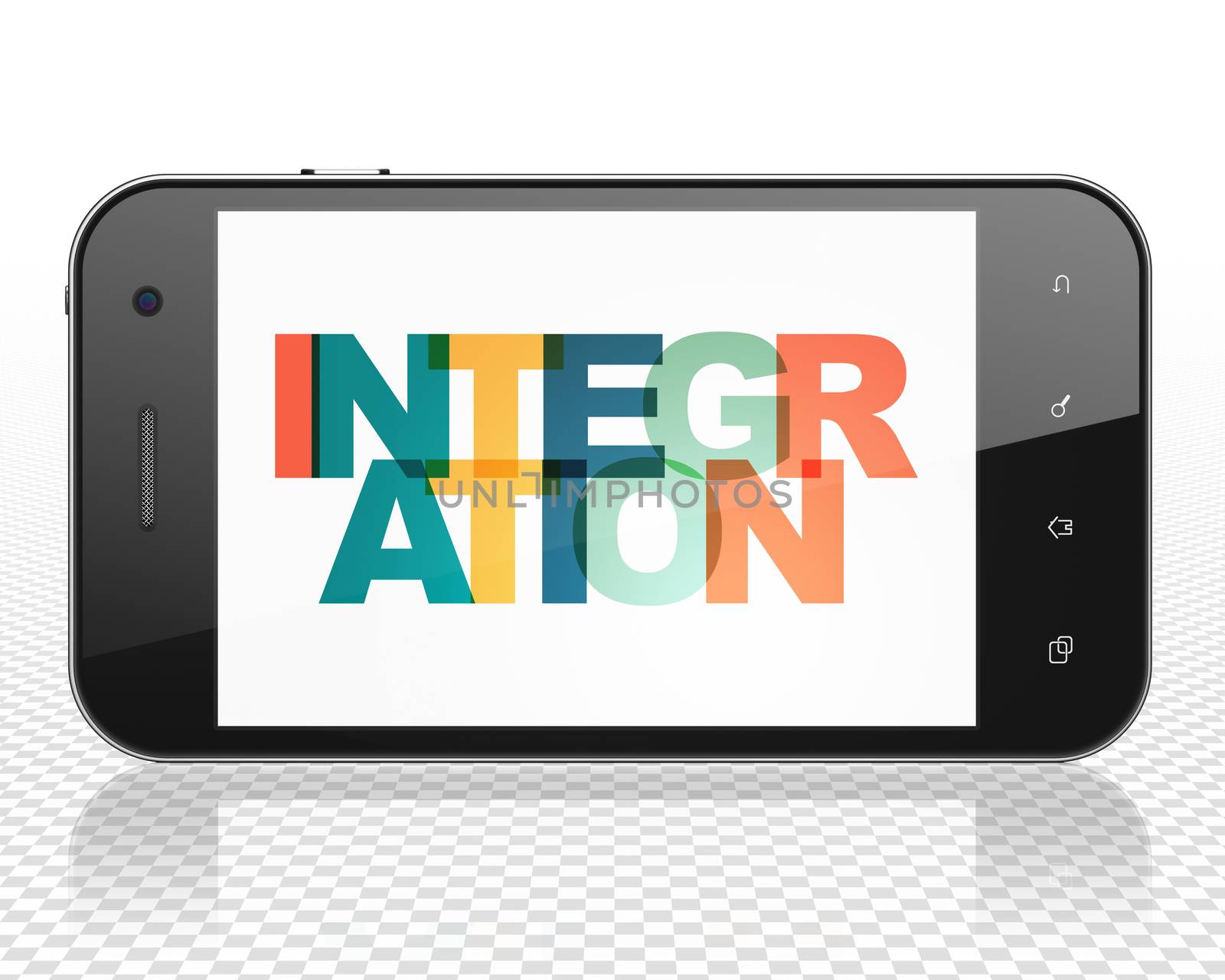 Business concept: Smartphone with Painted multicolor text Integration on display, 3D rendering