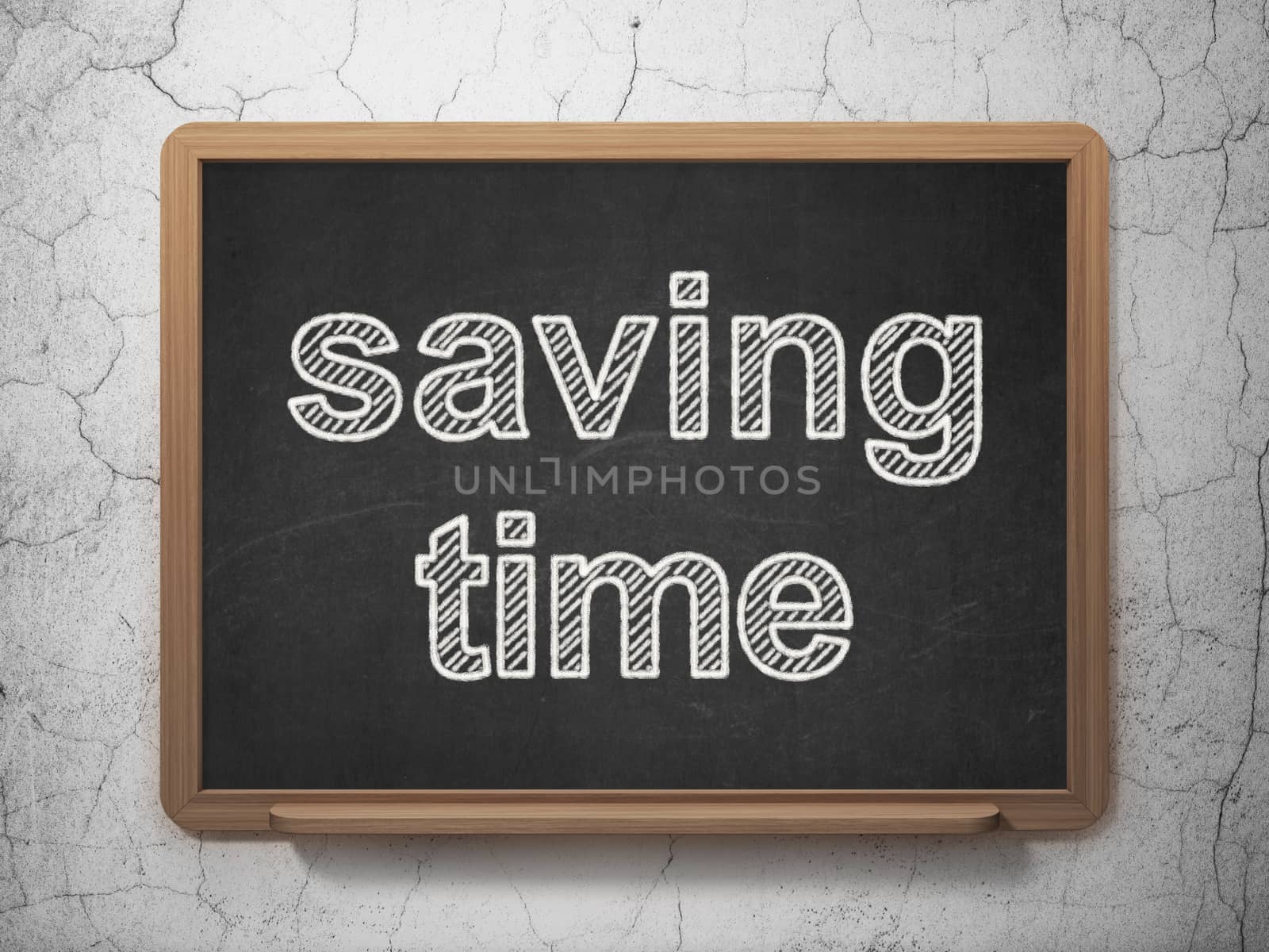 Timeline concept: text Saving Time on Black chalkboard on grunge wall background, 3D rendering