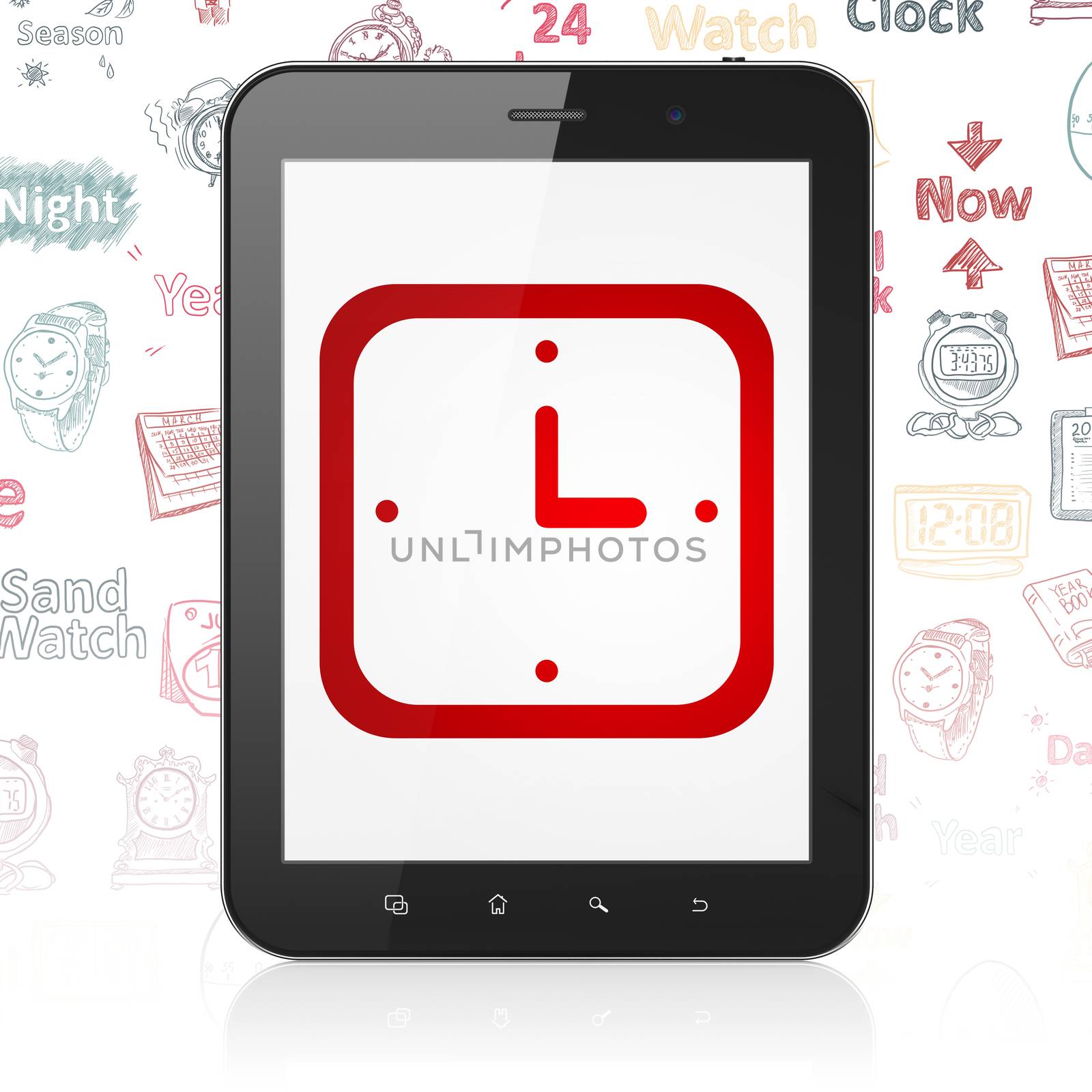 Timeline concept: Tablet Computer with  red Watch icon on display,  Hand Drawing Time Icons background, 3D rendering