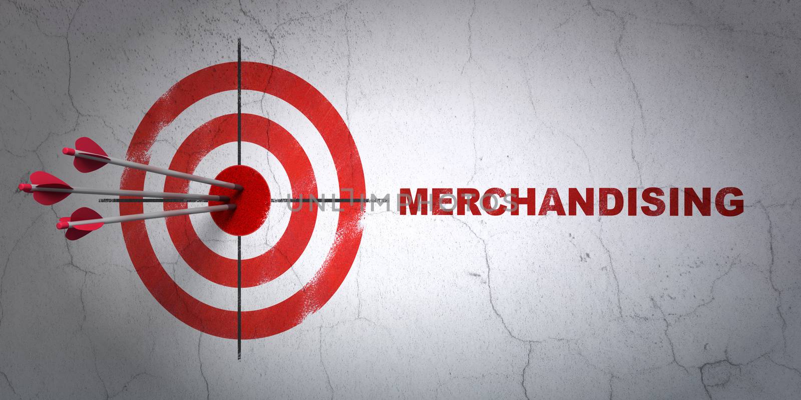 Success marketing concept: arrows hitting the center of target, Red Merchandising on wall background, 3D rendering