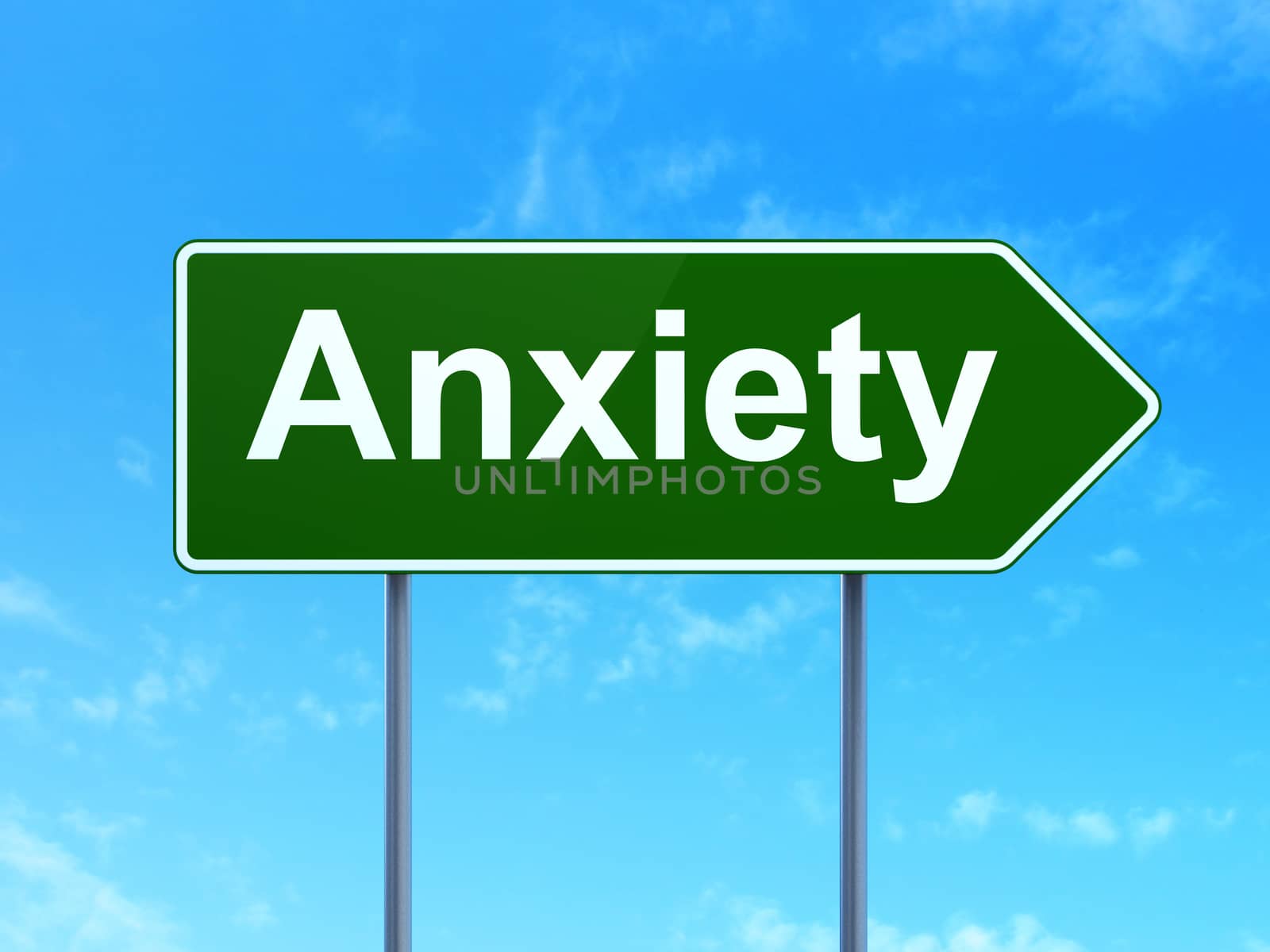 Health concept: Anxiety on green road highway sign, clear blue sky background, 3D rendering