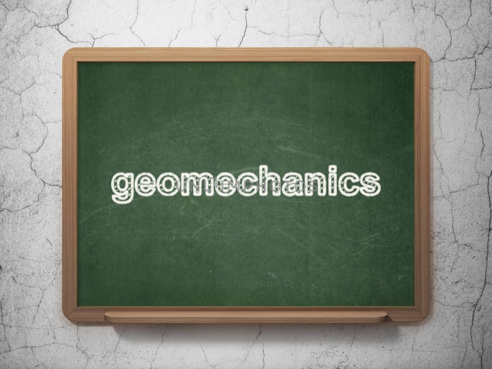 Science concept: text Geomechanics on Green chalkboard on grunge wall background, 3D rendering