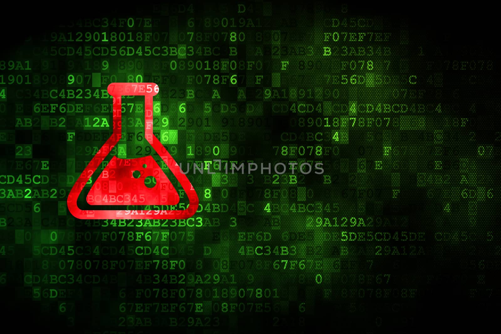 Science concept: pixelated Flask icon on digital background, empty copyspace for card, text, advertising