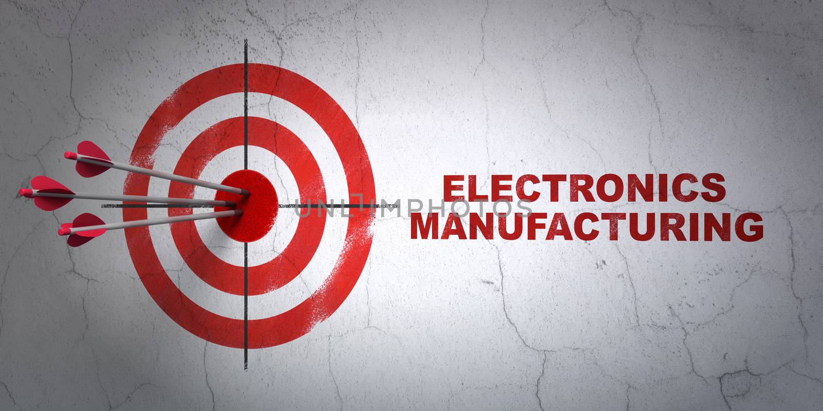 Success Manufacuring concept: arrows hitting the center of target, Red Electronics Manufacturing on wall background, 3D rendering