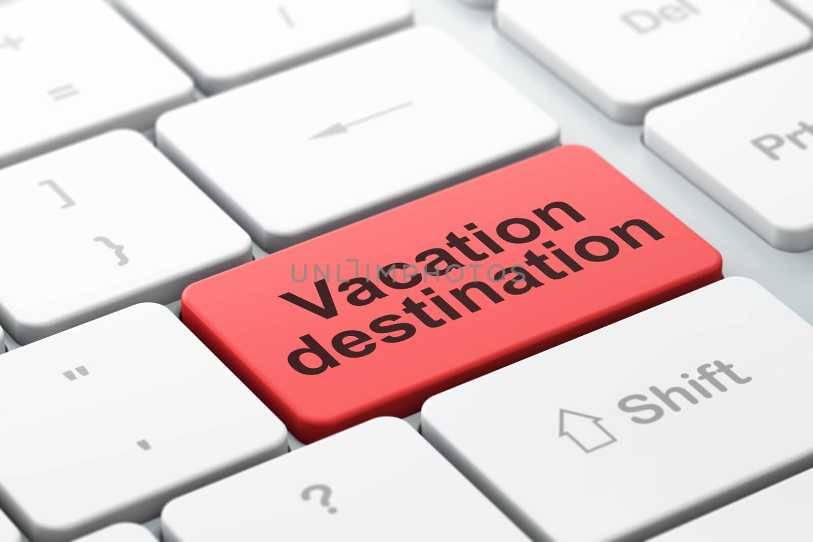 Travel concept: computer keyboard with word Vacation Destination, selected focus on enter button background, 3D rendering