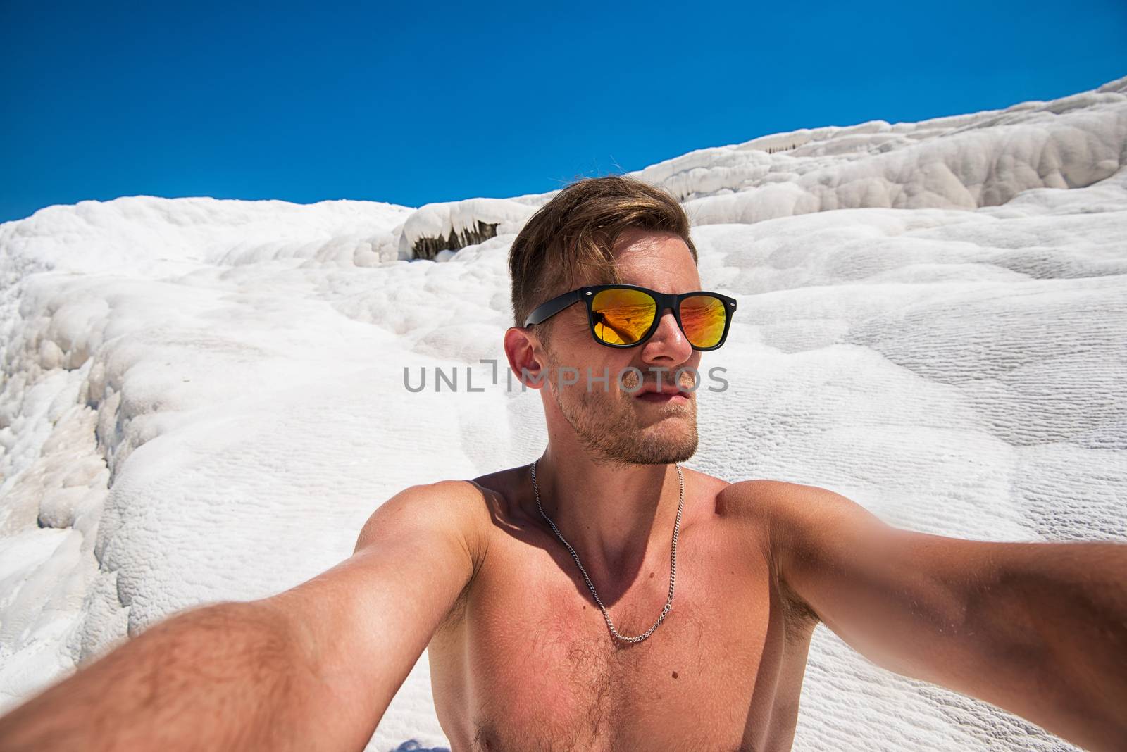 Portrait of man in Pammukale near modern Turkey city Denizli, Turkey