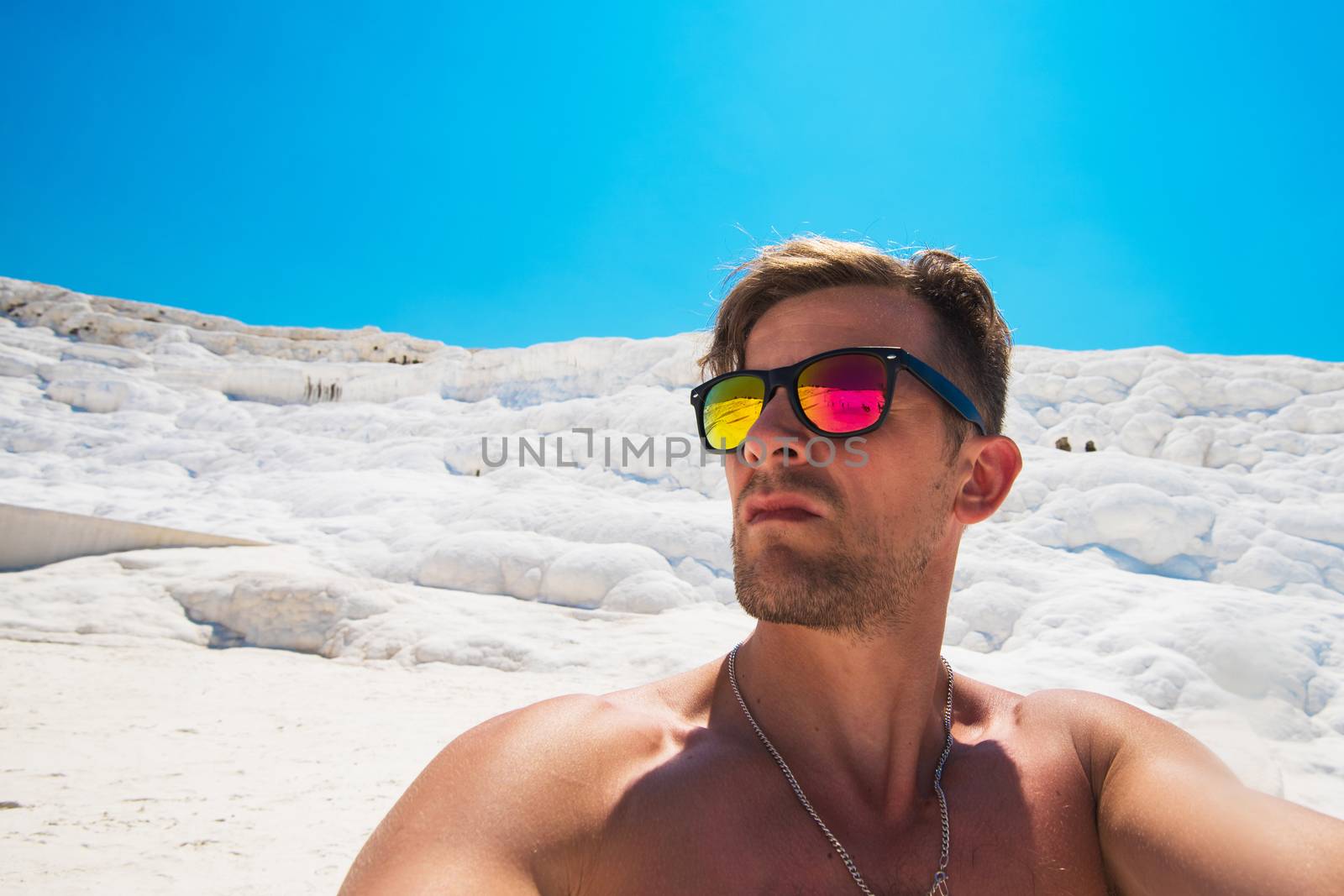 Portrait of man in Pammukale near modern Turkey city Denizli, Turkey