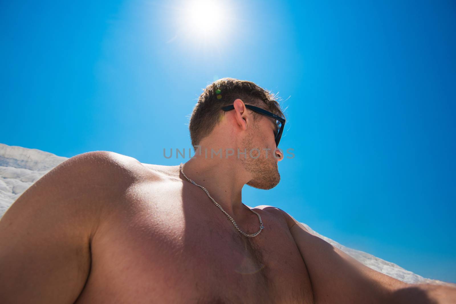 Portrait of man in Pammukale near modern Turkey city Denizli, Turkey