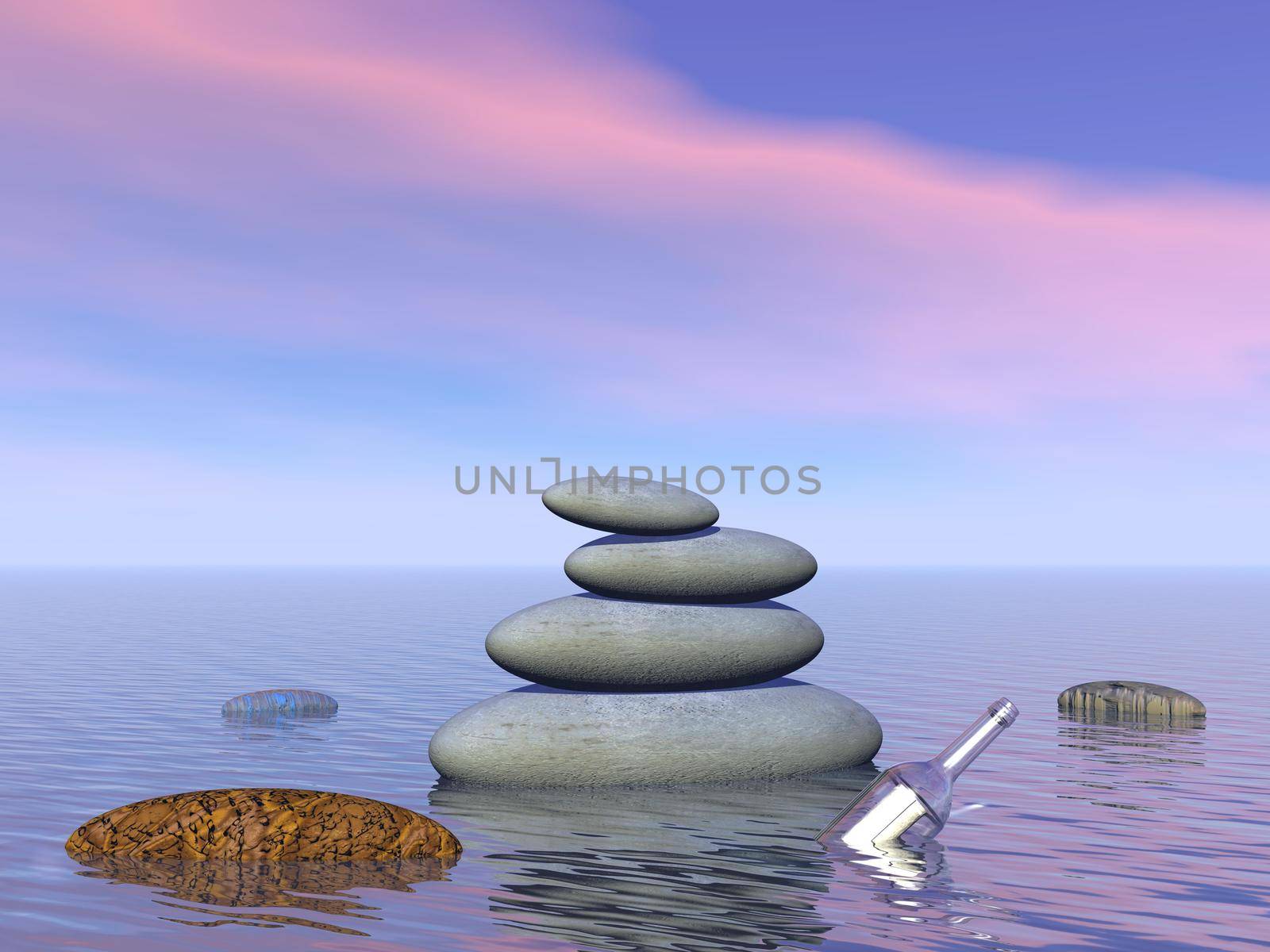 Butterflies in flight in a Zen landscape - 3D rendering by mariephotos