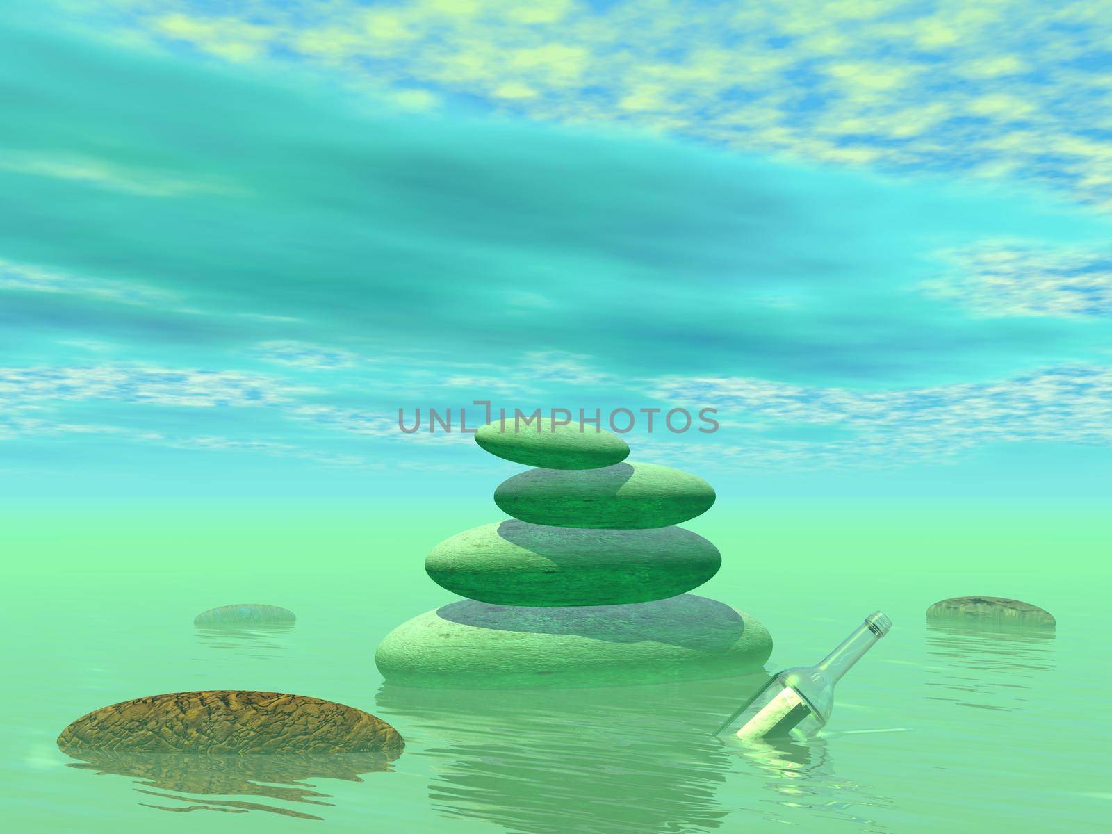 Butterflies in flight in a Zen landscape - 3D rendering by mariephotos