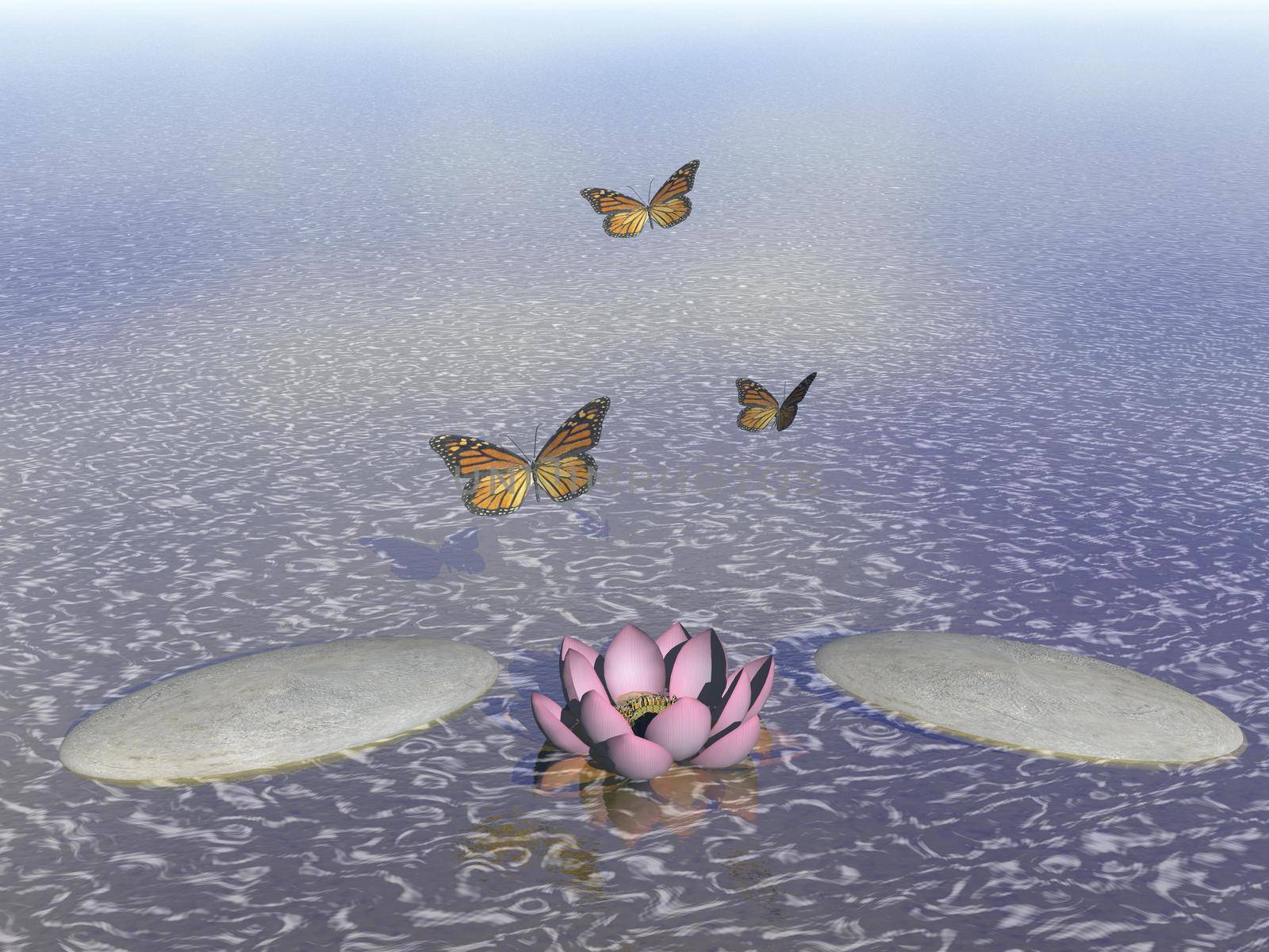 Butterflies in flight in a Zen landscape - 3D rendering by mariephotos