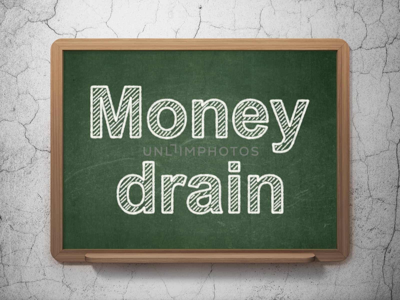 Money concept: text Money Drain on Green chalkboard on grunge wall background, 3D rendering