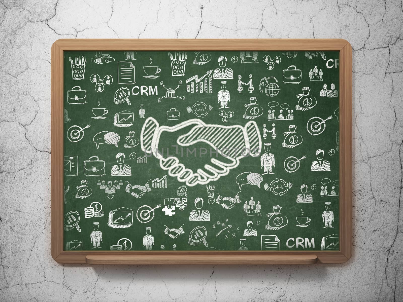 Finance concept: Chalk White Handshake icon on School board background with  Hand Drawn Business Icons, 3D Rendering