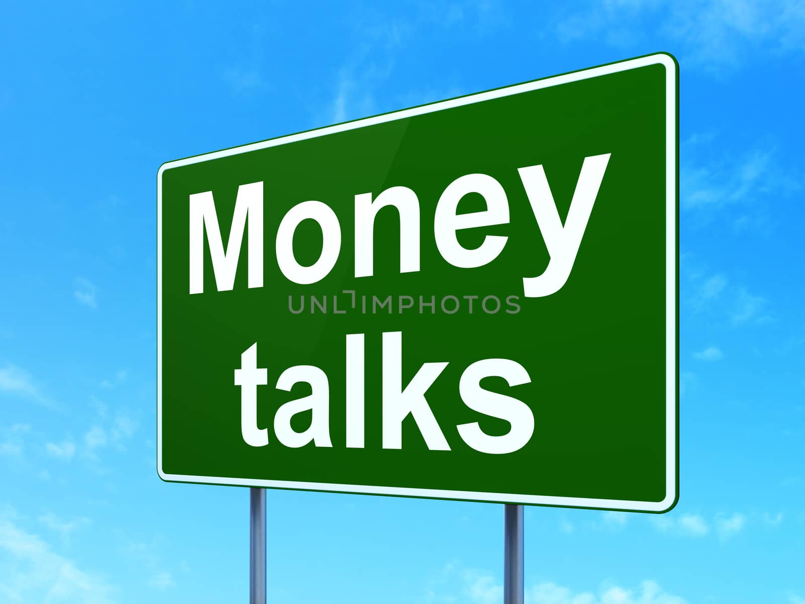 Finance concept: Money Talks on green road highway sign, clear blue sky background, 3D rendering