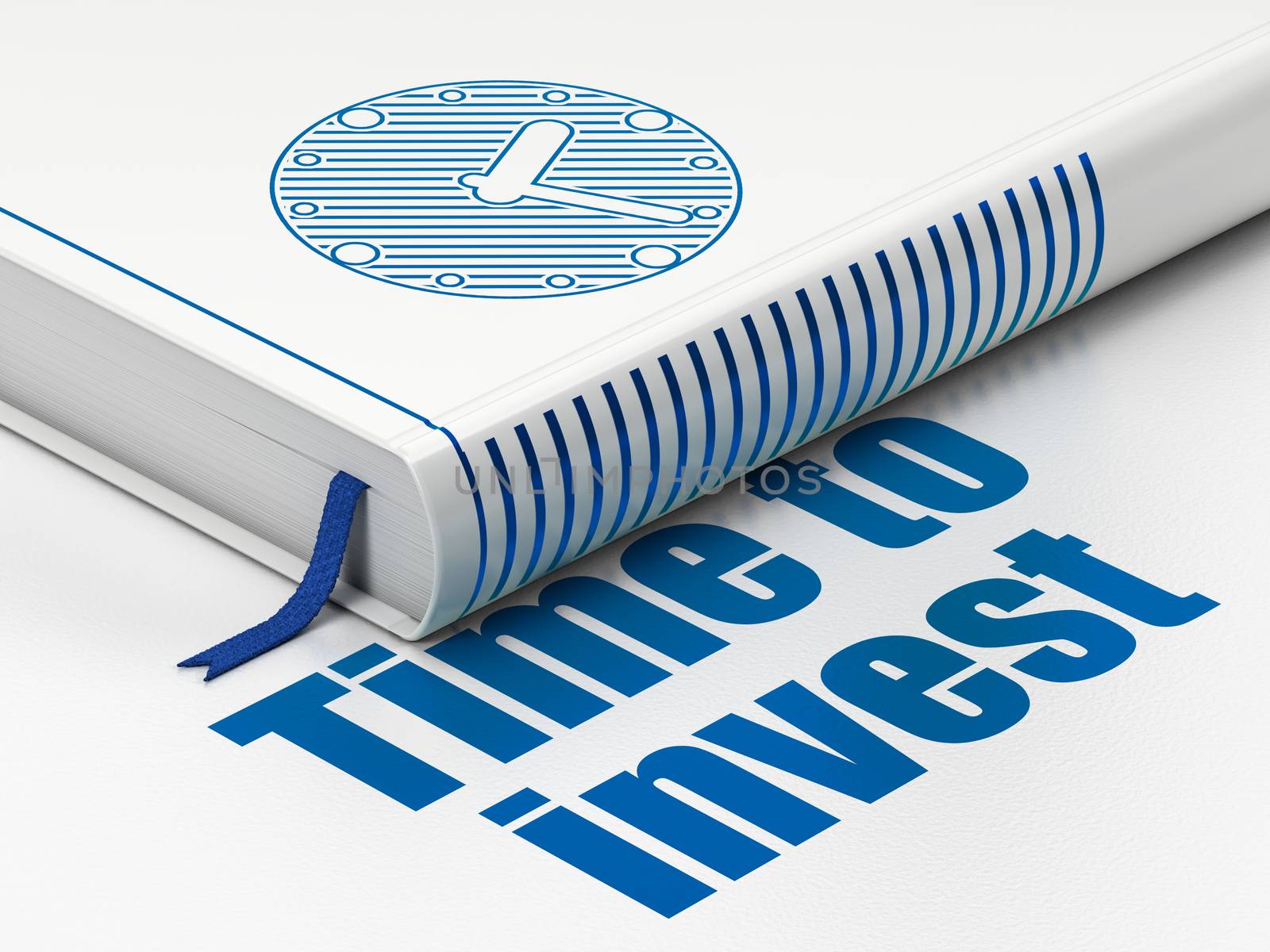 Timeline concept: closed book with Blue Clock icon and text Time To Invest on floor, white background, 3D rendering