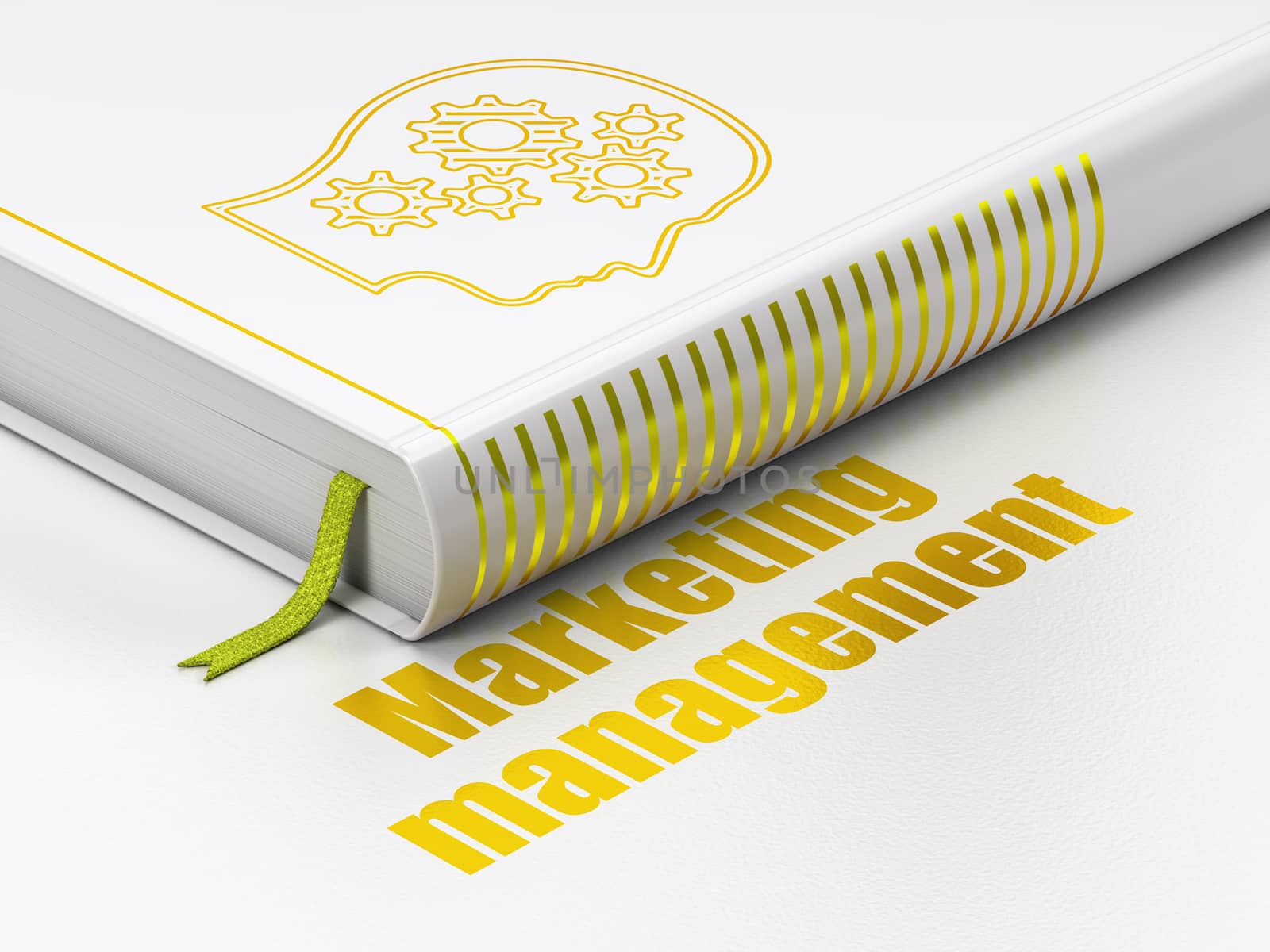 Advertising concept: closed book with Gold Head With Gears icon and text Marketing Management on floor, white background, 3D rendering