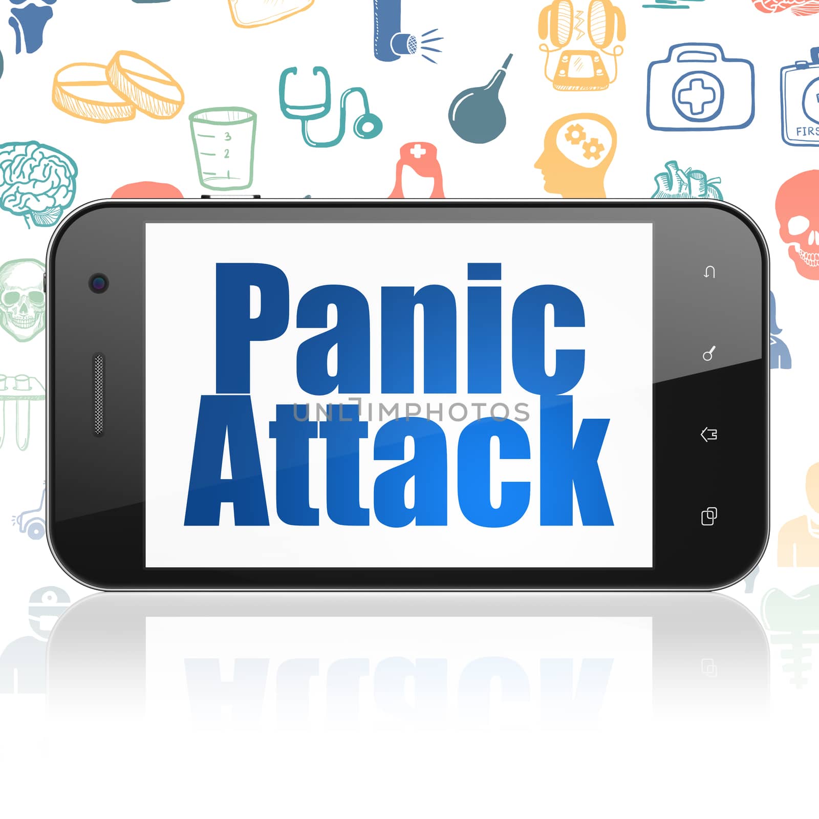 Health concept: Smartphone with  blue text Panic Attack on display,  Hand Drawn Medicine Icons background, 3D rendering