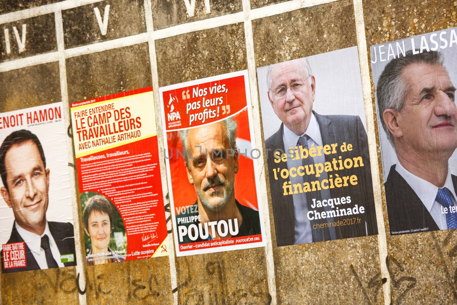 Benon, France- April 18, 2017 : Campaign posters for the 2017 french presidential election in a small village