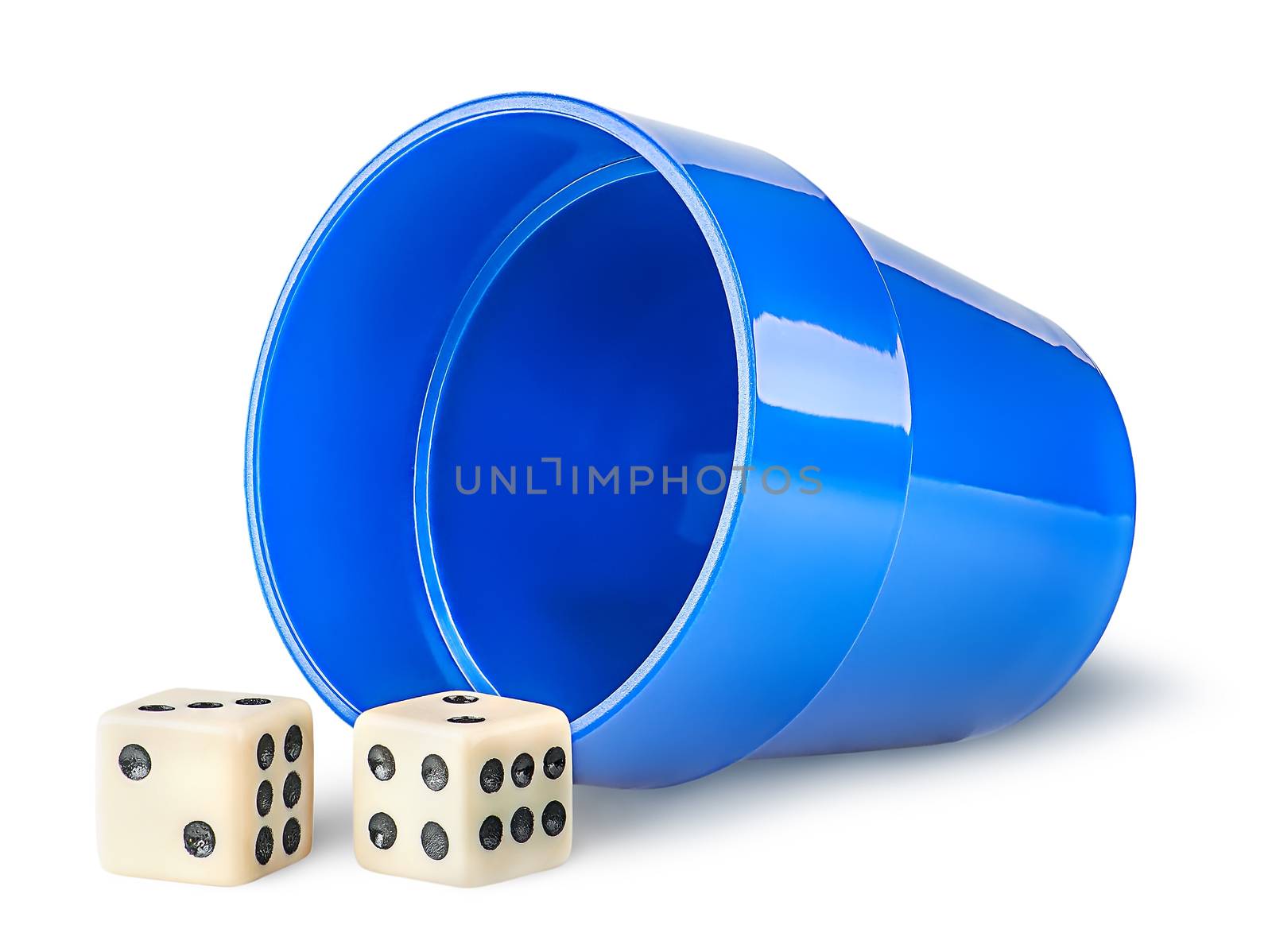 Gaming dice and cup isolated on white background