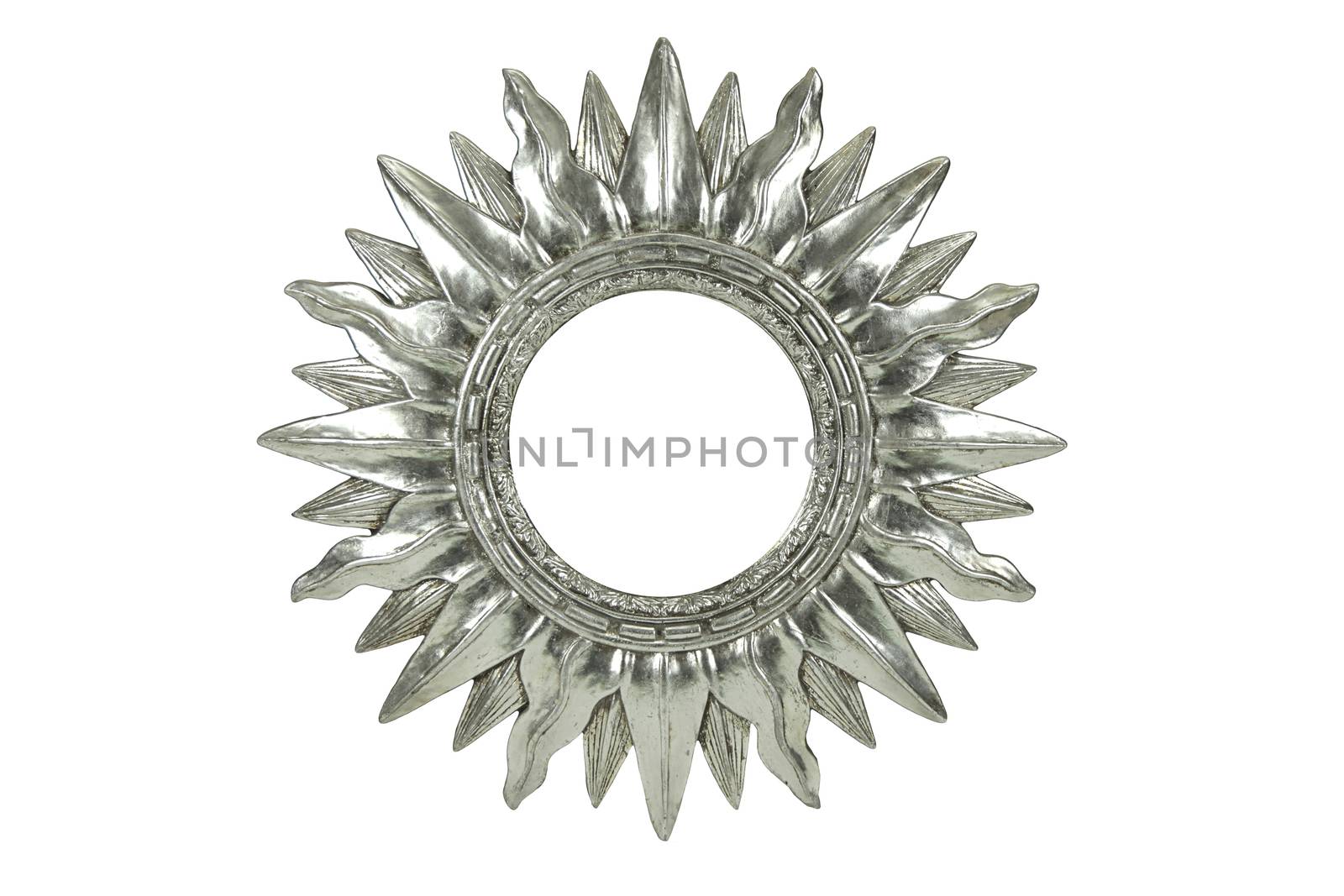 Metallic silver mirror sun burst design isolated on a white background 