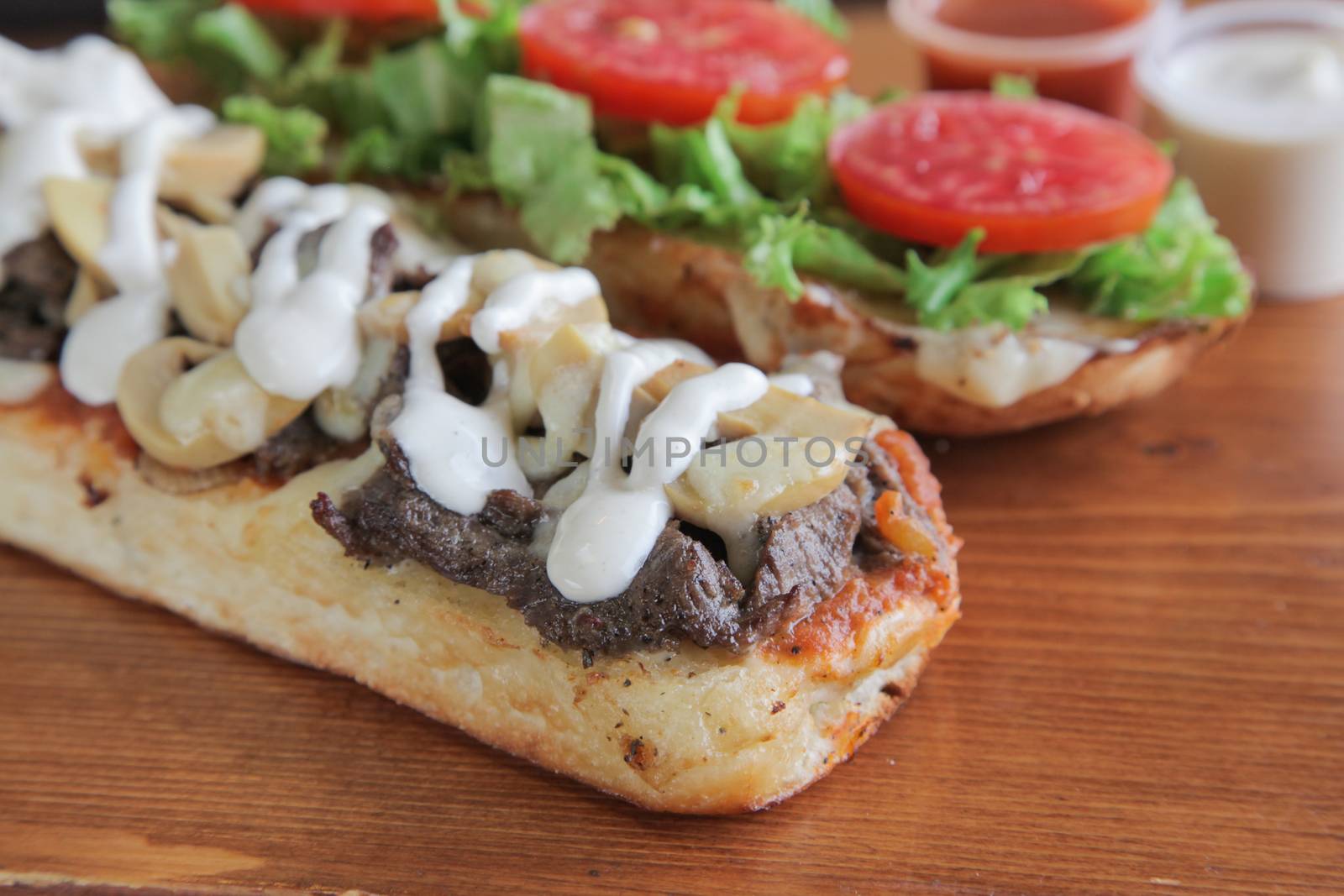 Closeup of sandwich with mayonnaise and mushroom

