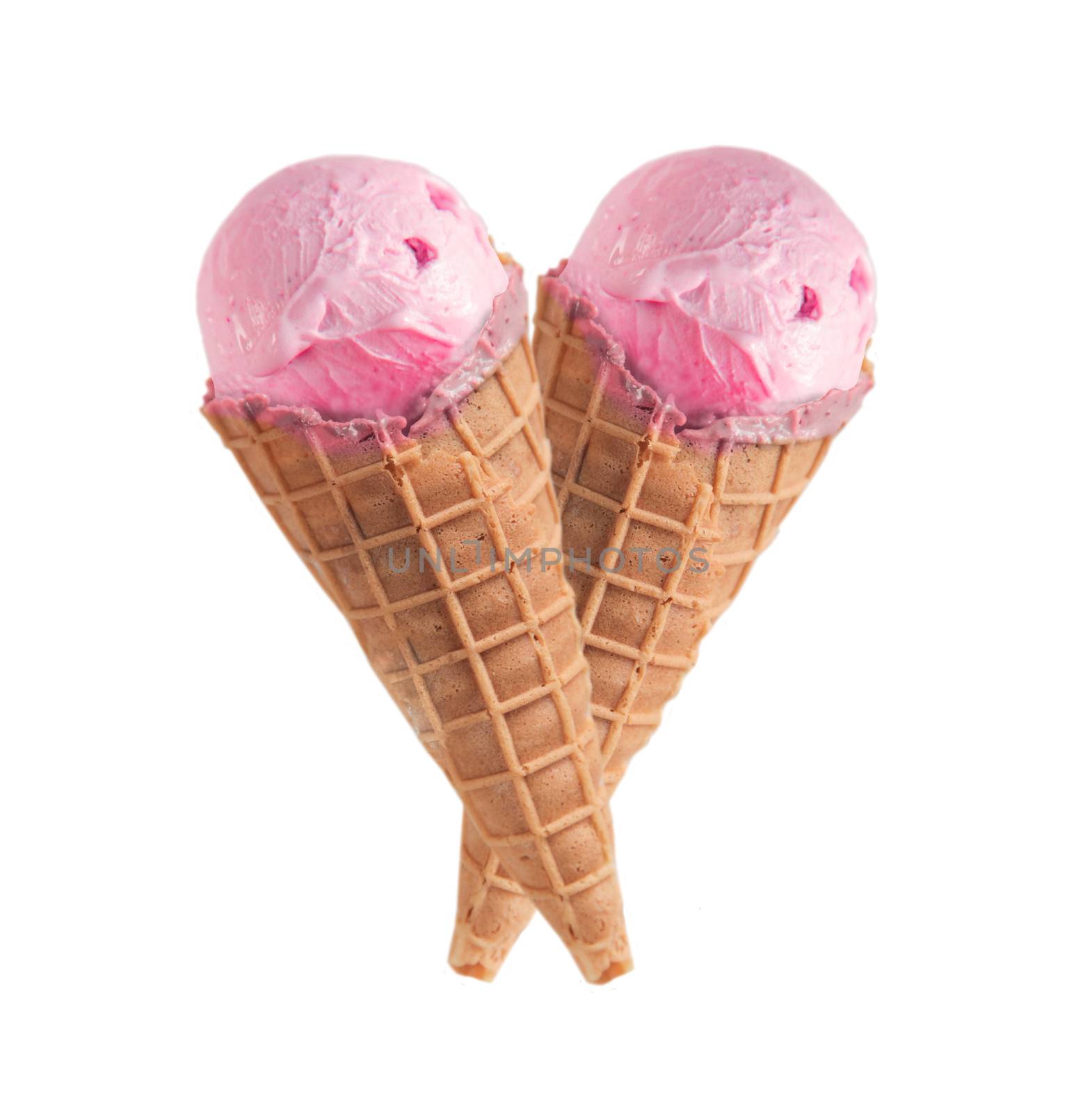 Two strawberry flavor ice cream cones in a heart shape

