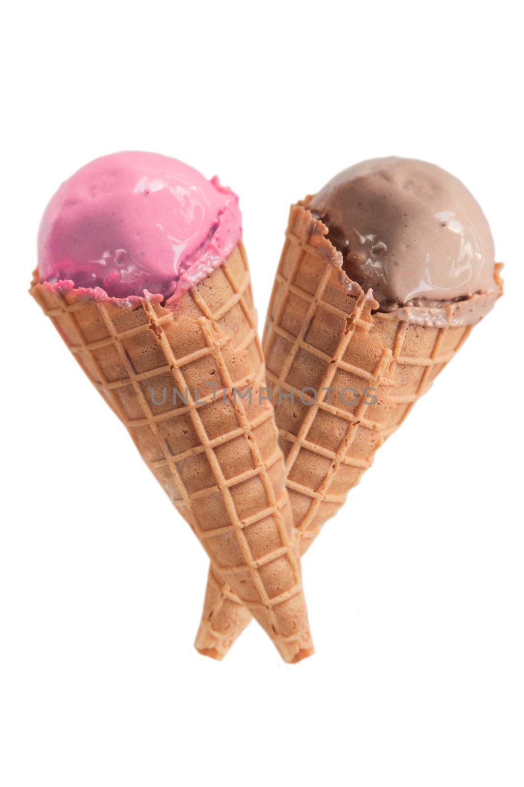 Two strawberry and chocolate flavor ice cream cones in a heart s by haiderazim