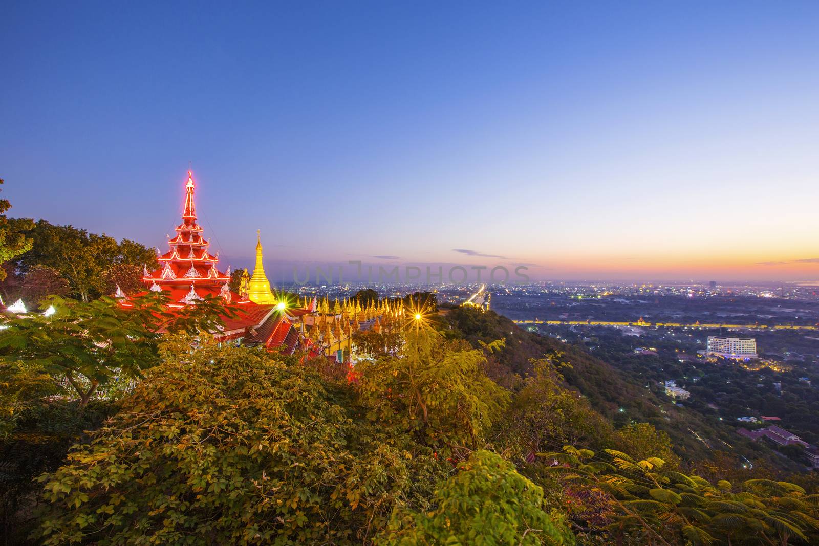Golden Pagoda on Mandalay Hill sunset , Mandalay, Myanmar