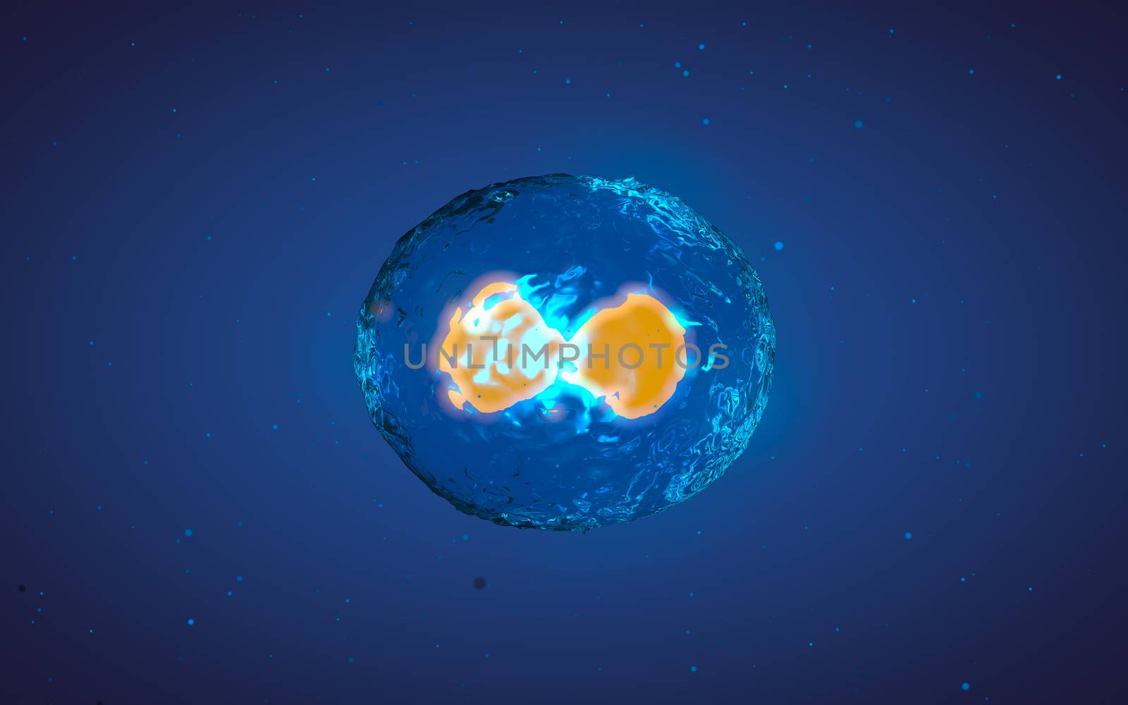 Abstract medical 3D illustration of a cell division process. Yellow core inside liquid transparent shell on blue background with microscopic particles