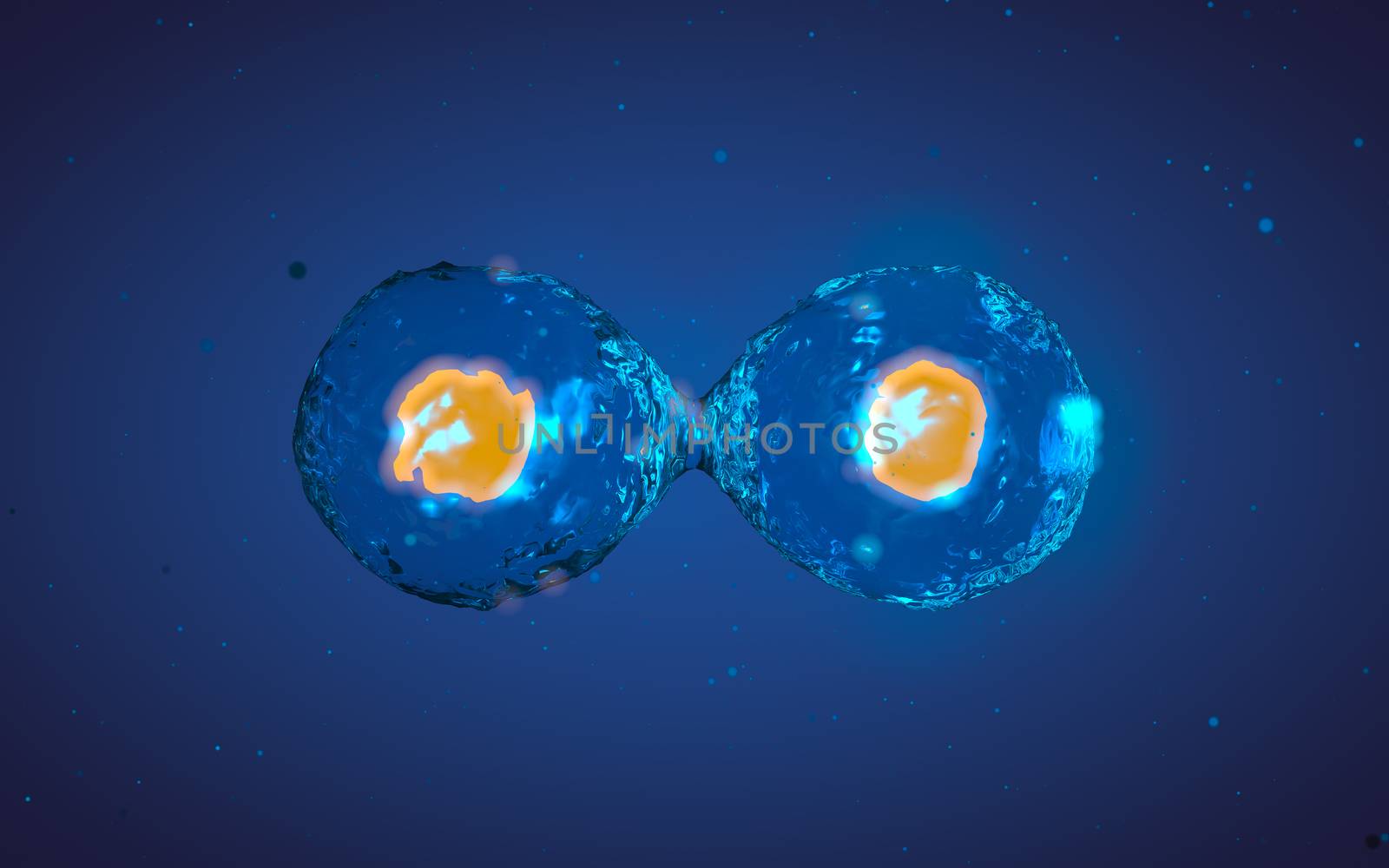 Abstract medical 3D illustration of a cell division process. Yellow core inside liquid transparent shell on blue background with microscopic particles