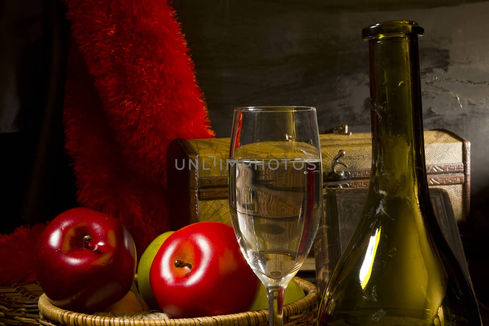 Vintage still life with wine and apples