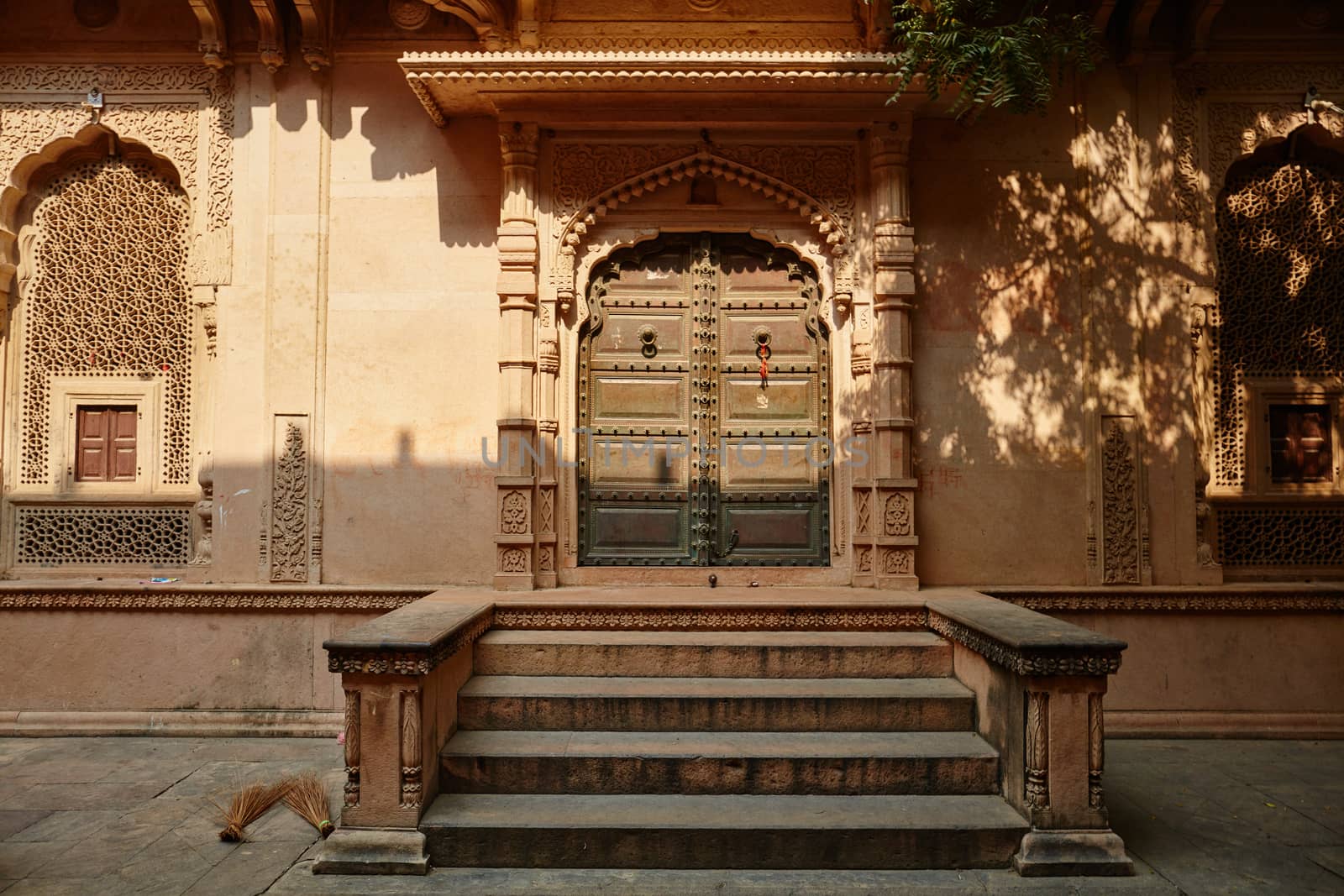 Wooden gate of an ancient temple in Vrindavan, India