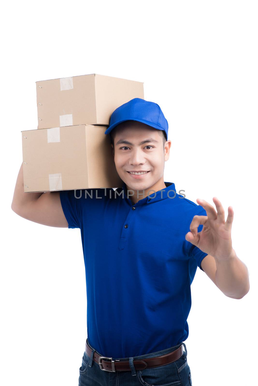 Delivery Person. Asian postman with parcel box gesture OK sign.