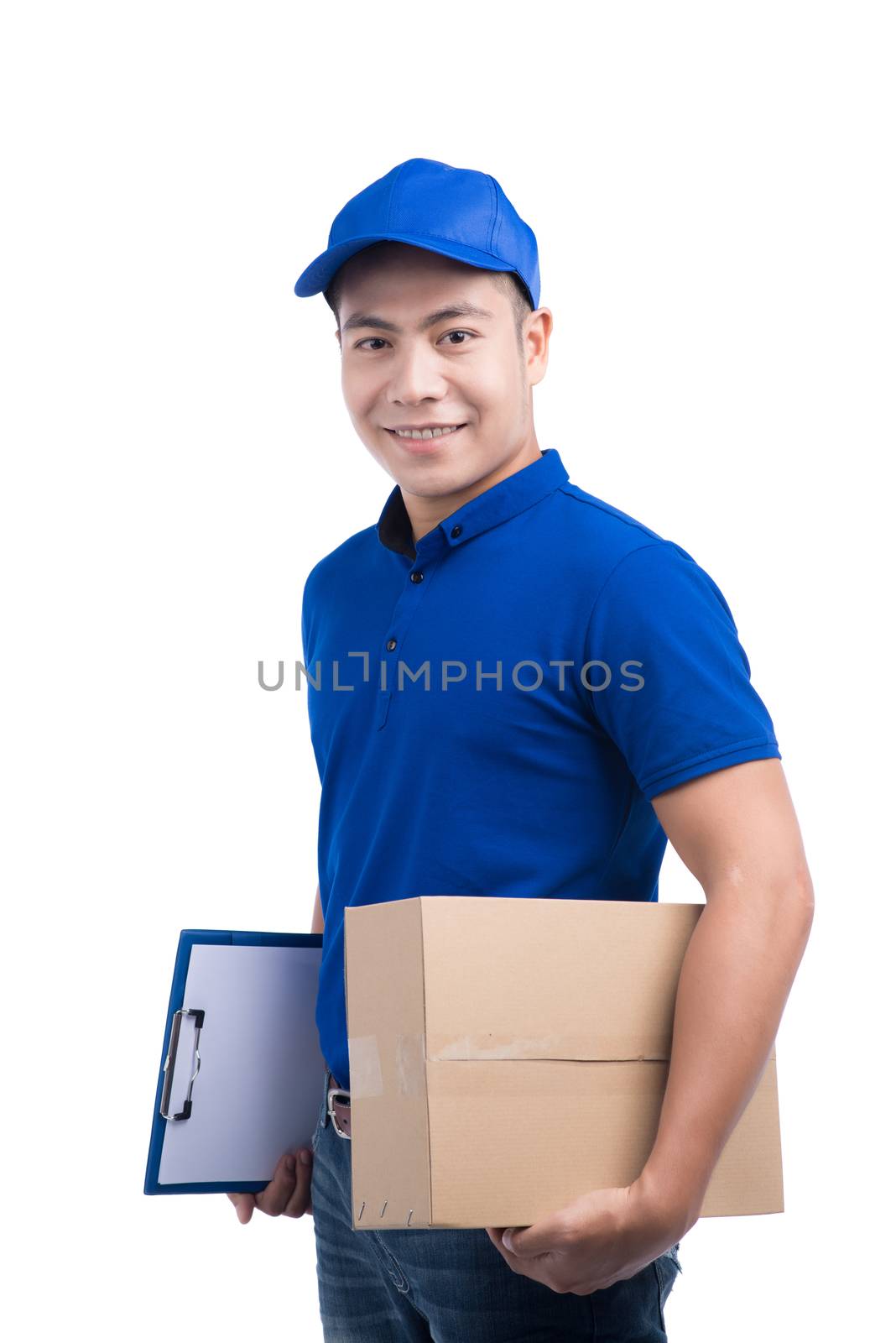 Delivery Person. Asian postman with parcel box. Postal delivery service. White Background.