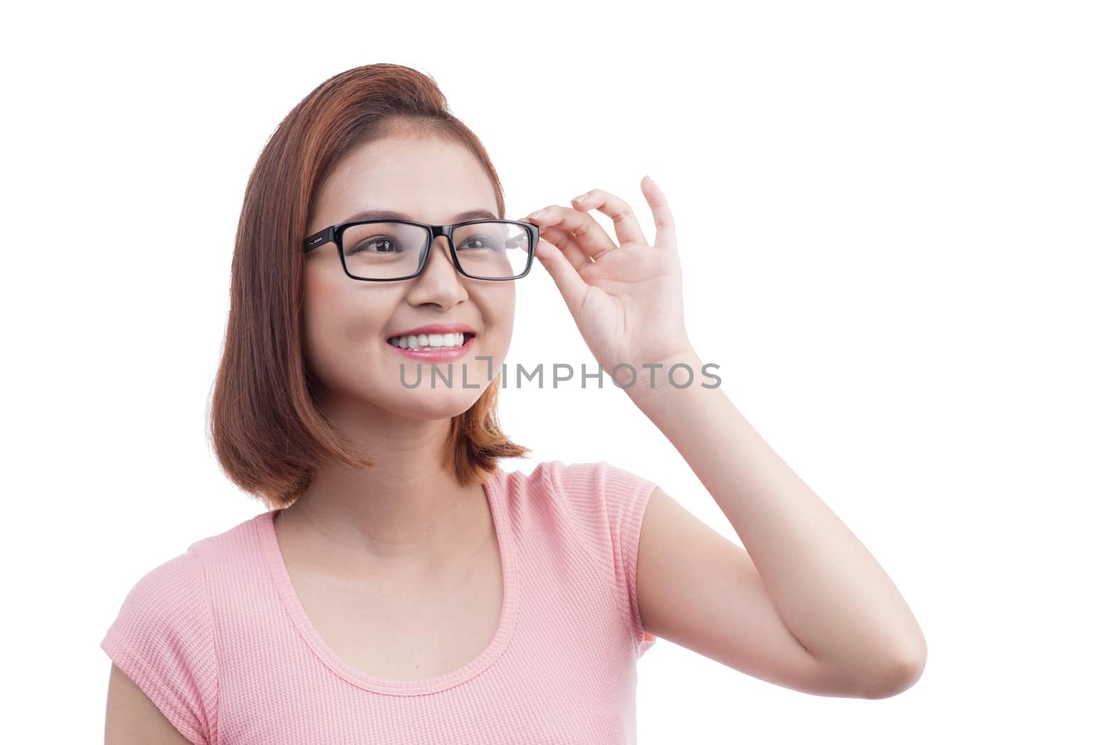 Portrait of a young cheerful asian woman in glasses