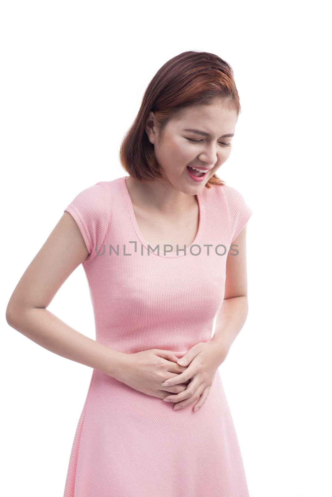 Young beautiful asian woman is having stomach ache. Isolated on by makidotvn