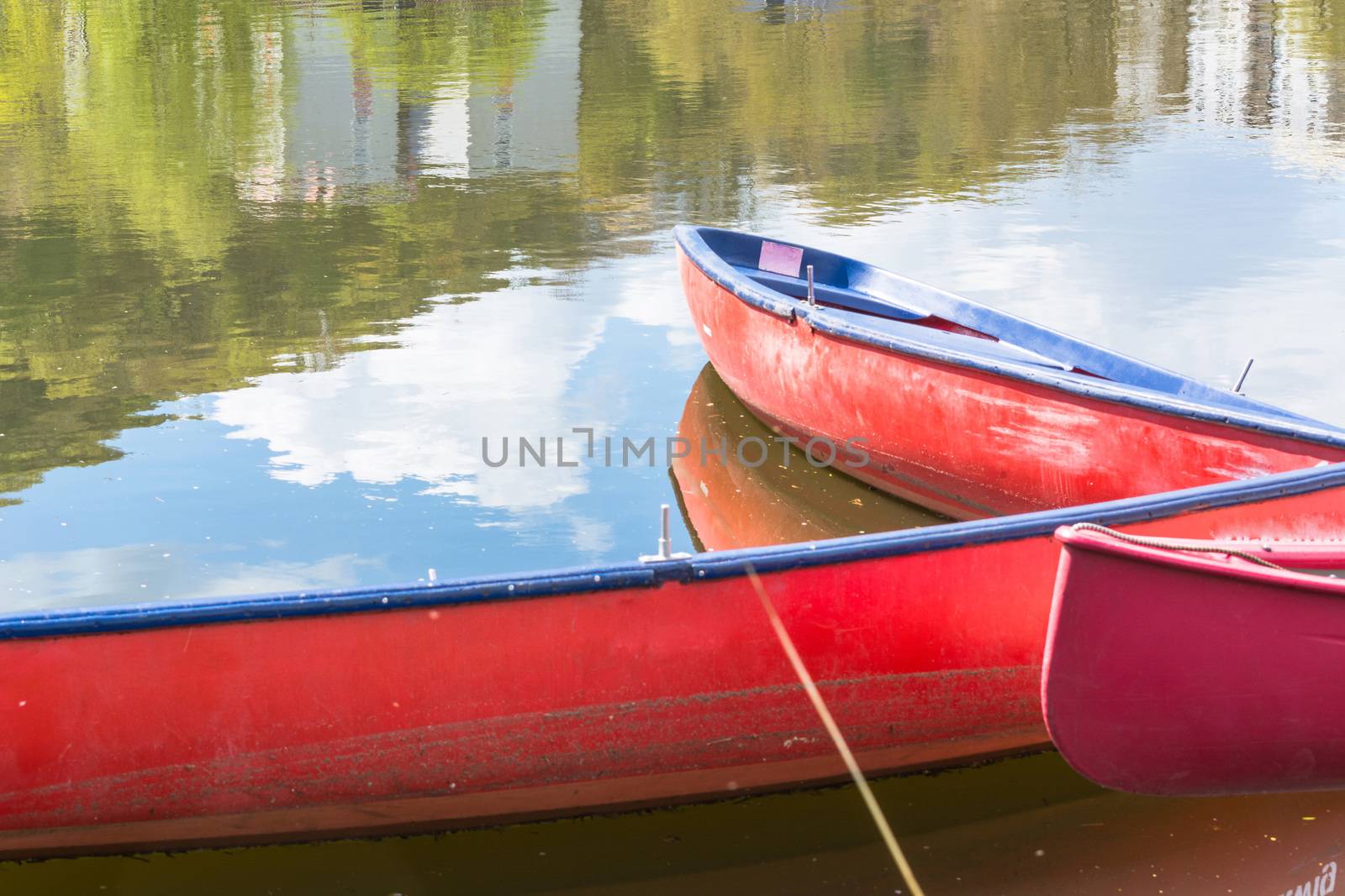 Three blank red canoes lie in the river secured to a jetty on the shore.