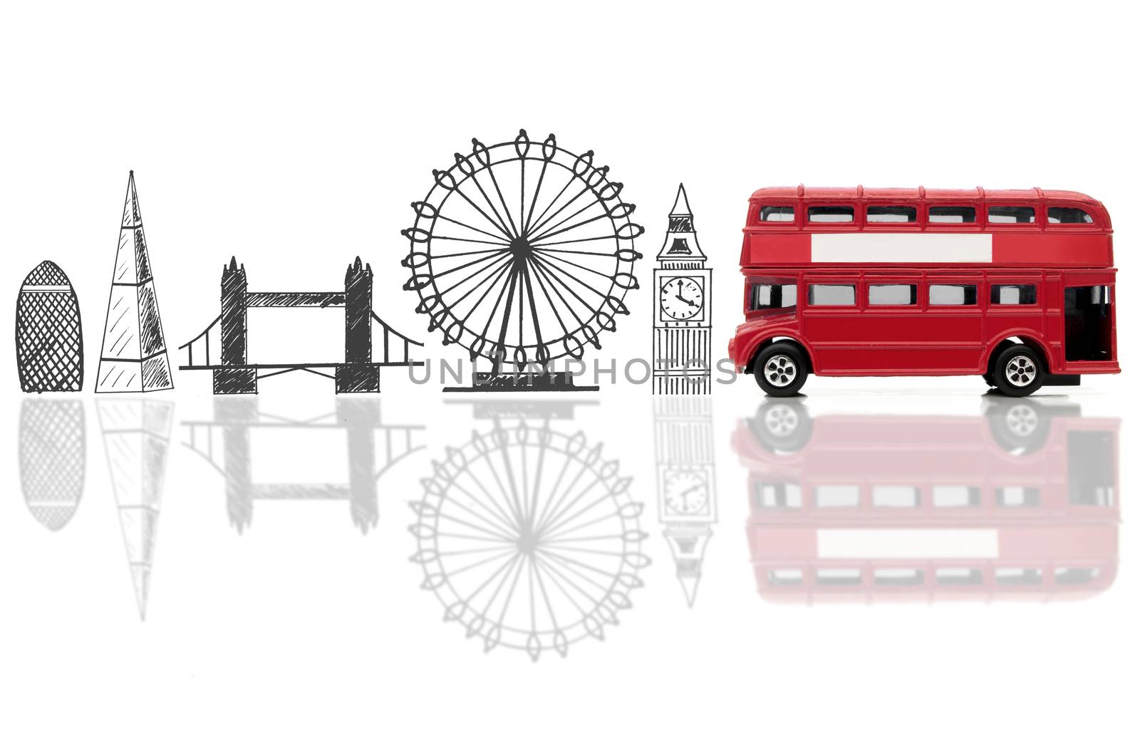 London landmarks sketched against a double decker bus 