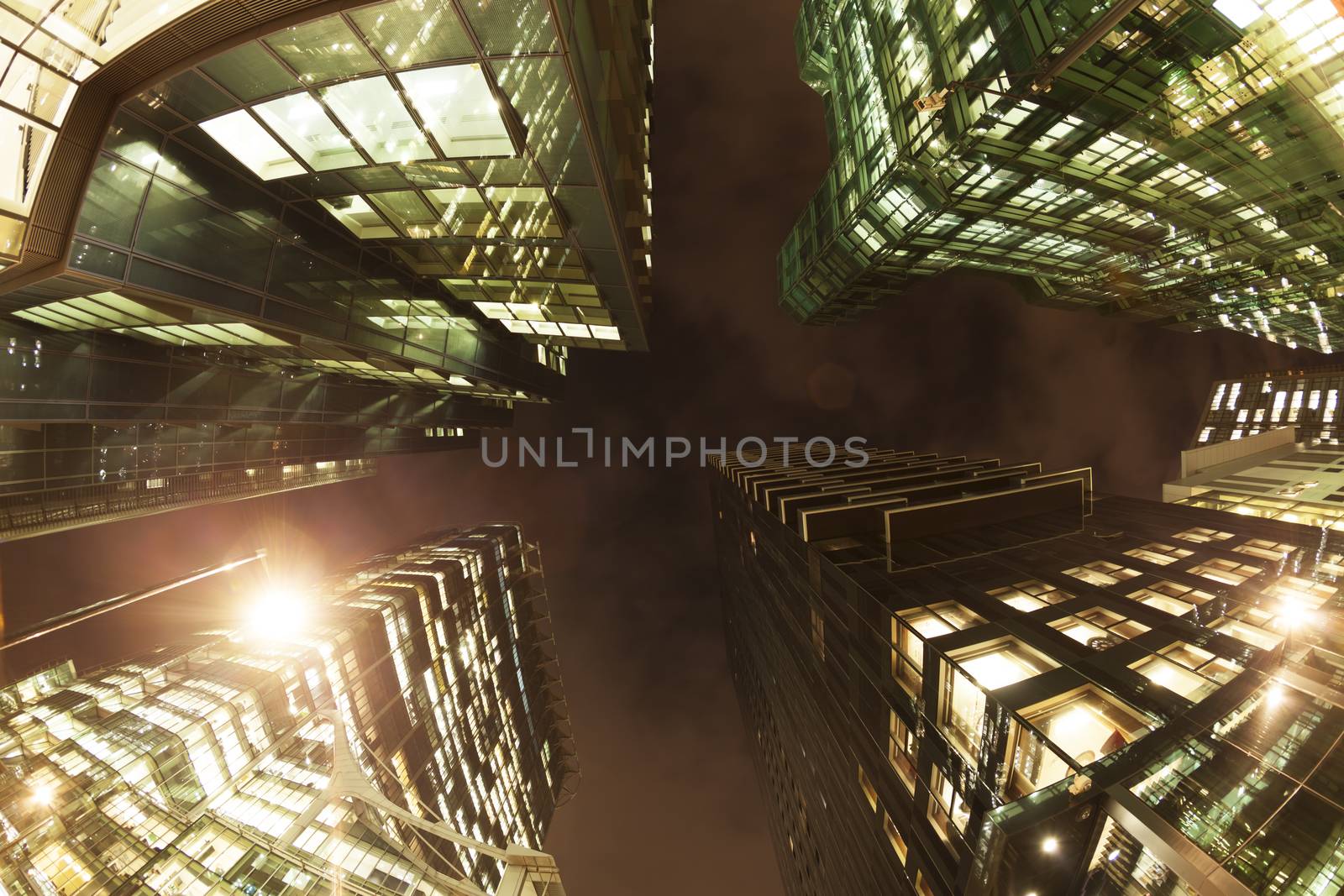 Fish-eye view of offices at night