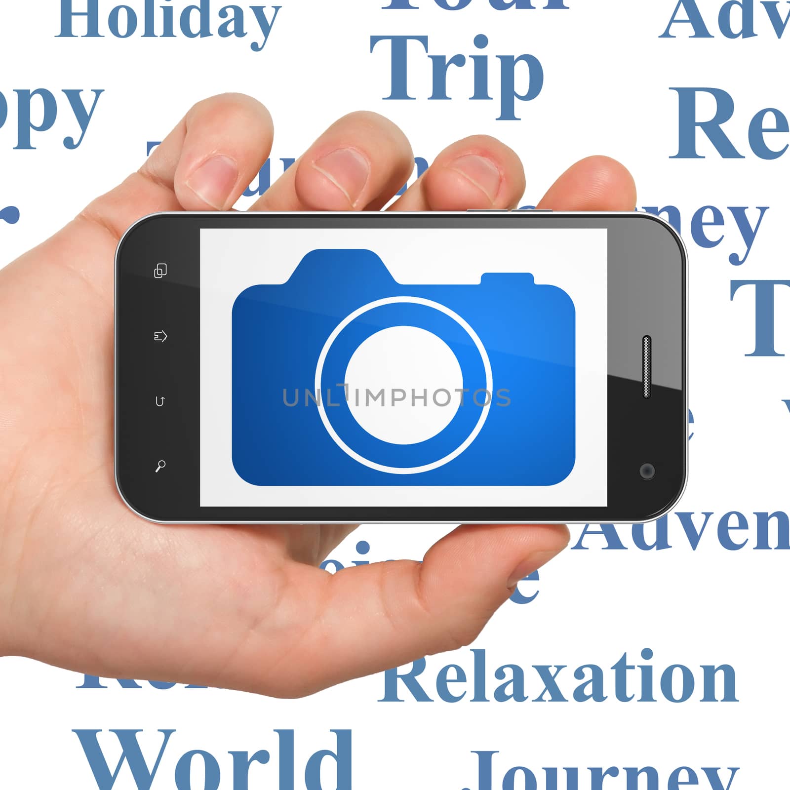 Tourism concept: Hand Holding Smartphone with  blue Photo Camera icon on display,  Tag Cloud background, 3D rendering