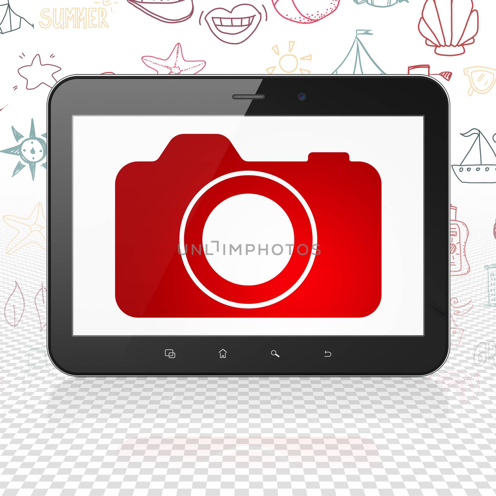 Travel concept: Tablet Computer with  red Photo Camera icon on display,  Hand Drawn Vacation Icons background, 3D rendering