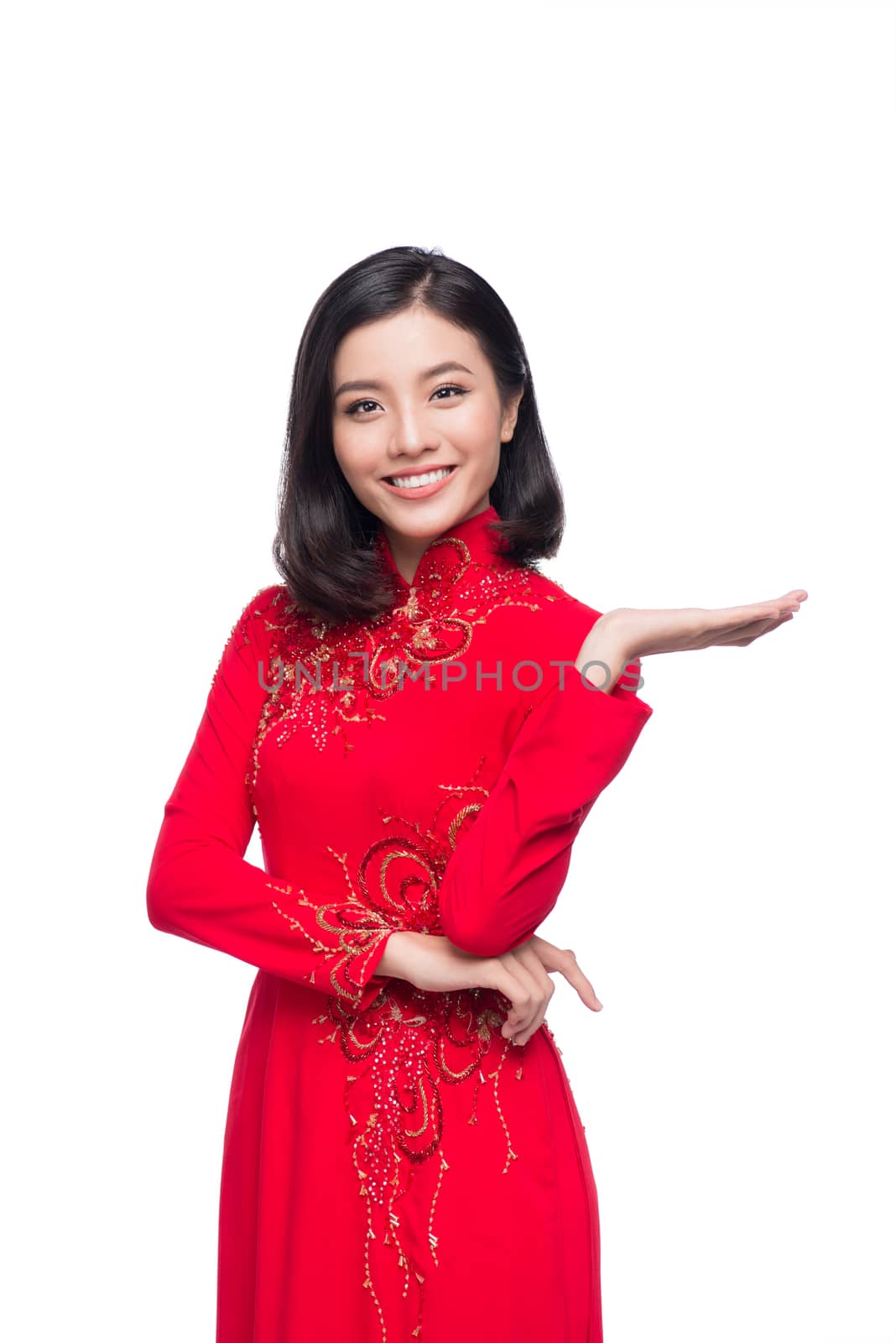 Charming Vietnamese Woman in Red Ao Dai Traditional Dress Presen by makidotvn